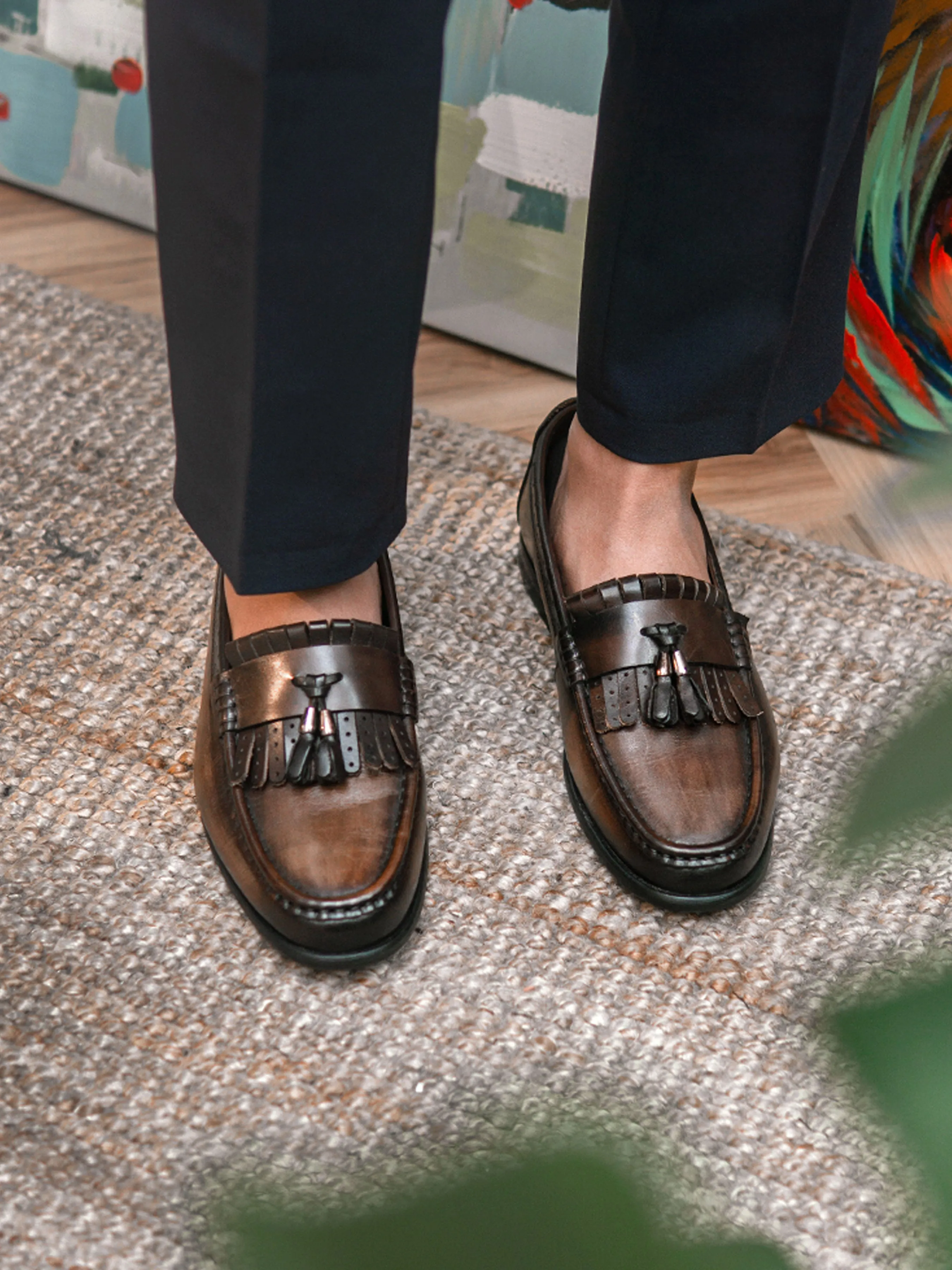 Push Beyond Limits Confidence Starts Here Fringe Classic Loafer - Khakis With Tassel (Hand Painted Patina)