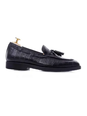 Slip-On Slip-On Quality Appeal Design Arch Support System Technology Tassel Loafer - Black Croco Leather (Crepe Sole)