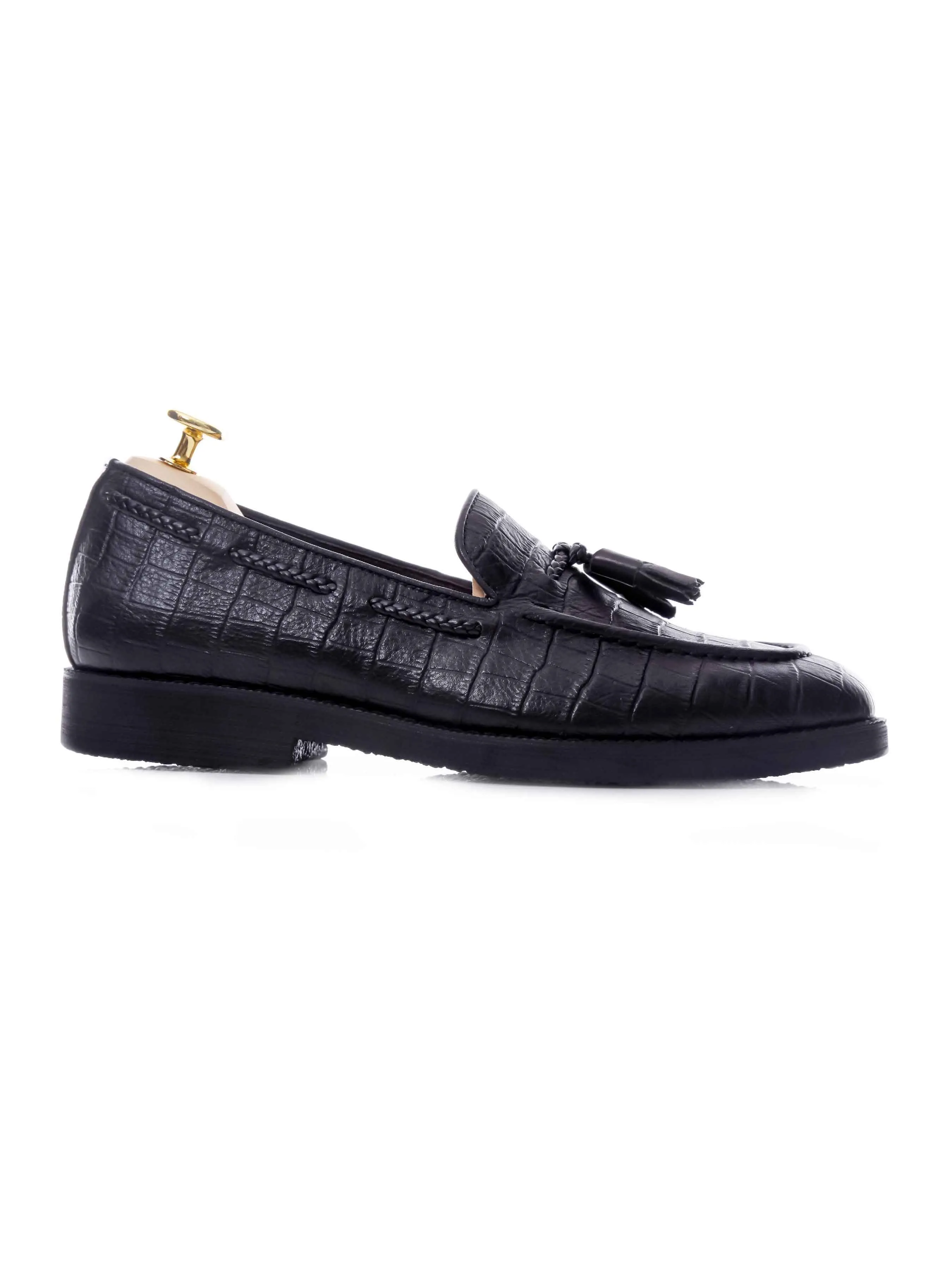 Slip-On Slip-On Quality Appeal Design Arch Support System Technology Tassel Loafer - Black Croco Leather (Crepe Sole)