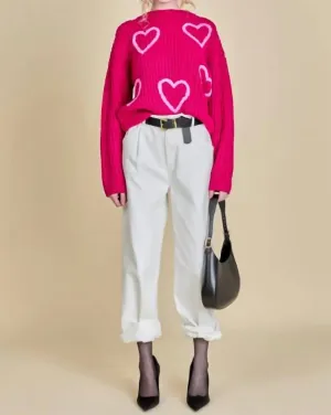 Haut en maille brodé cœur en fuchsia/rose