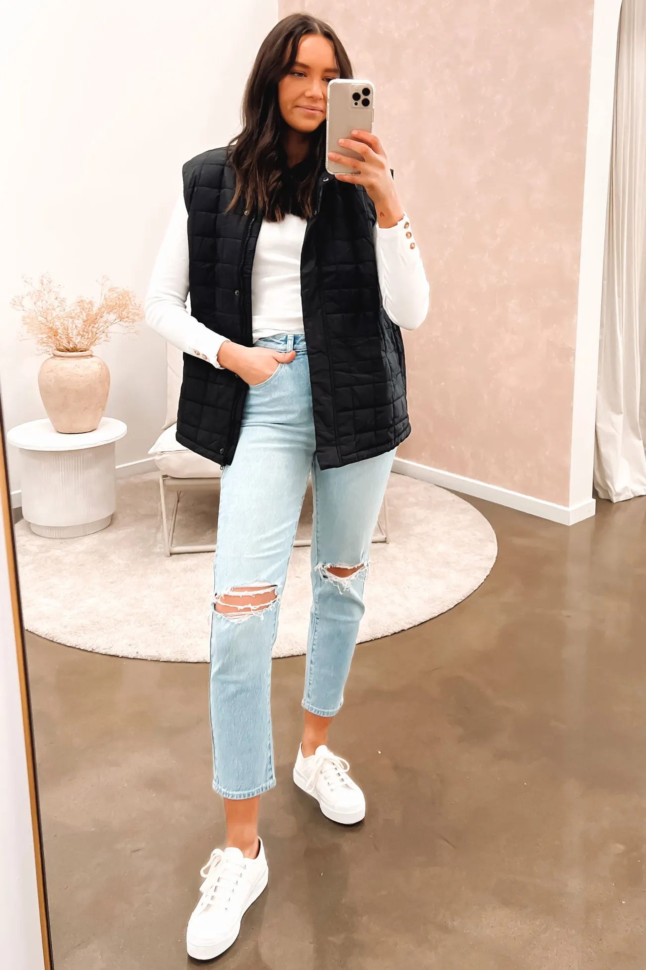 Stitching Waist Hollie Puffer Vest Black