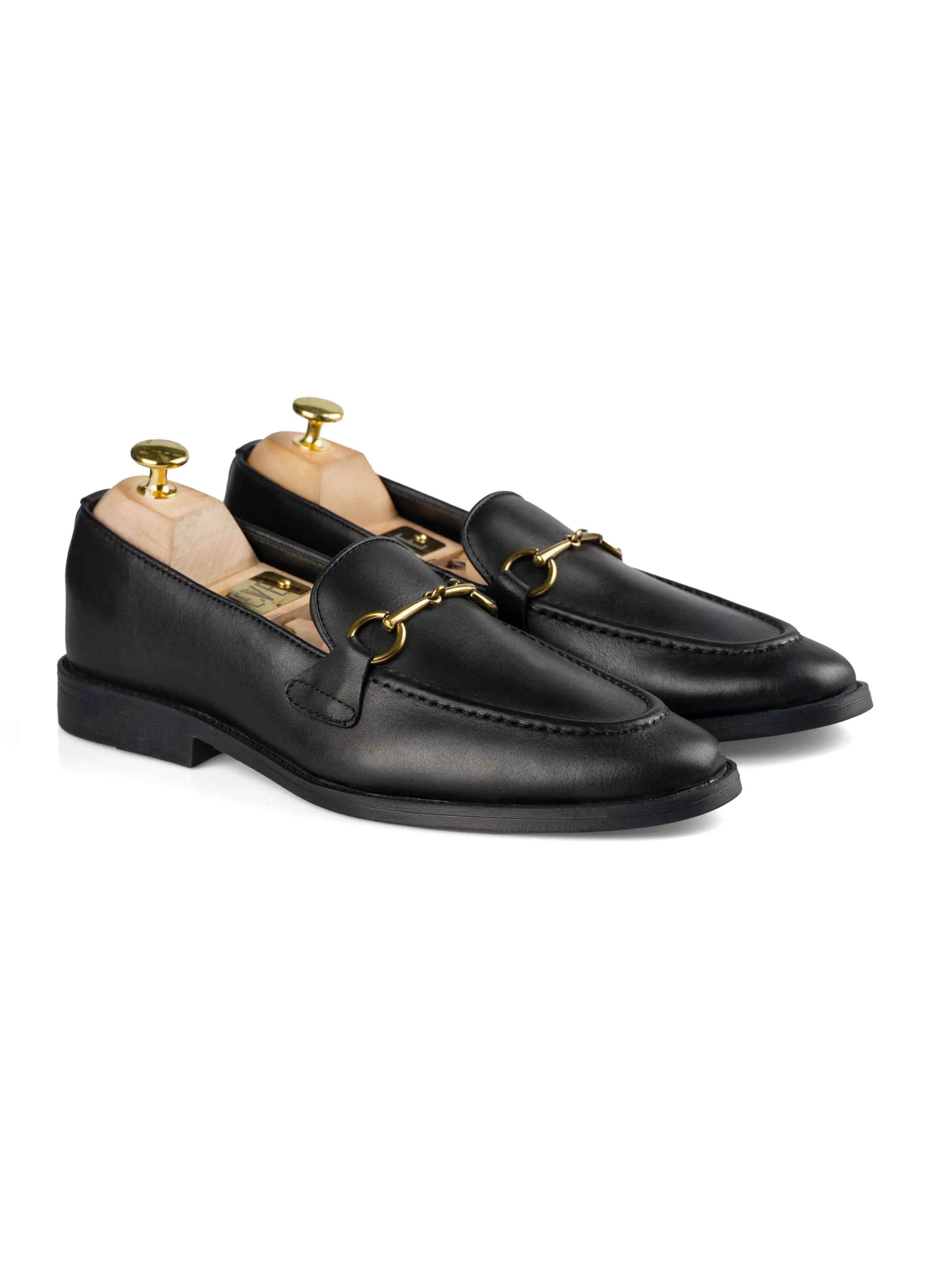 Heel Slippers Comfort Ride Horsebit Buckle Loafer - Solid Black Leather (Flexi-Sole)