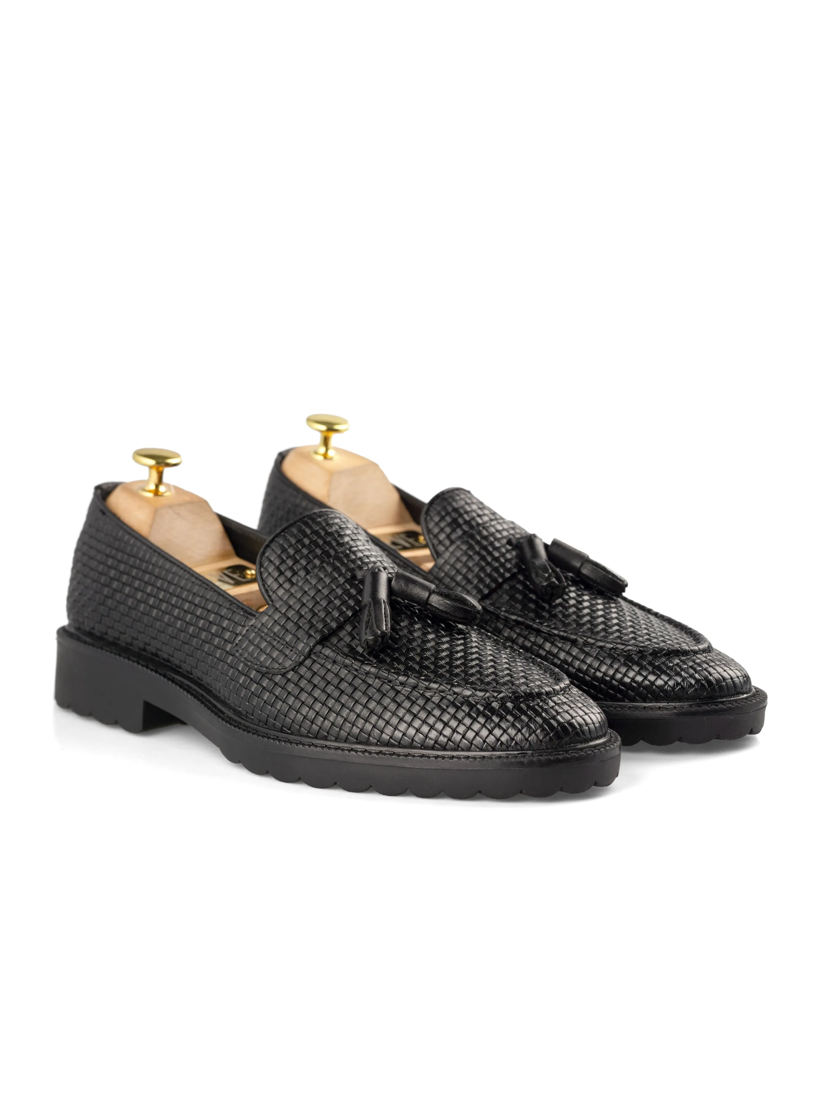 Rocky Tassel Loafer - Black Woven Leather (Combat Sole) Footwear for the Fearless Built for the Bold