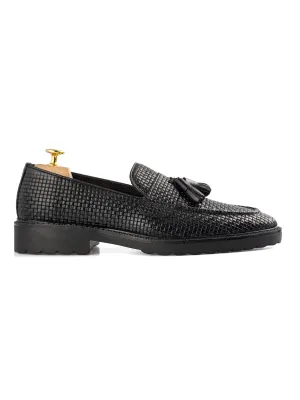 Rocky Tassel Loafer - Black Woven Leather (Combat Sole) Not for the Ordinary Move Like You Mean It