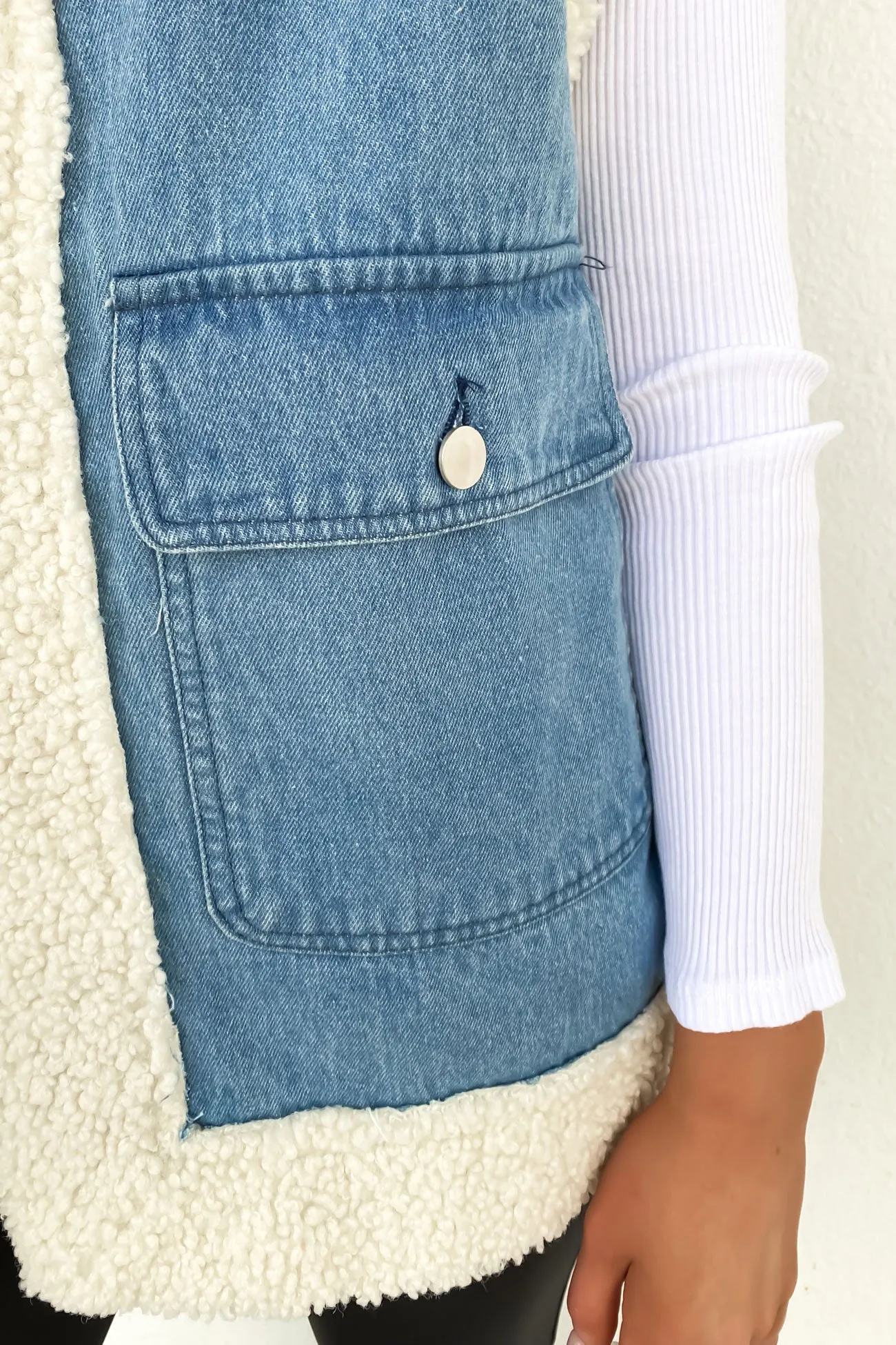 Double Stitching Izzy Denim Sherpa Vest Blue