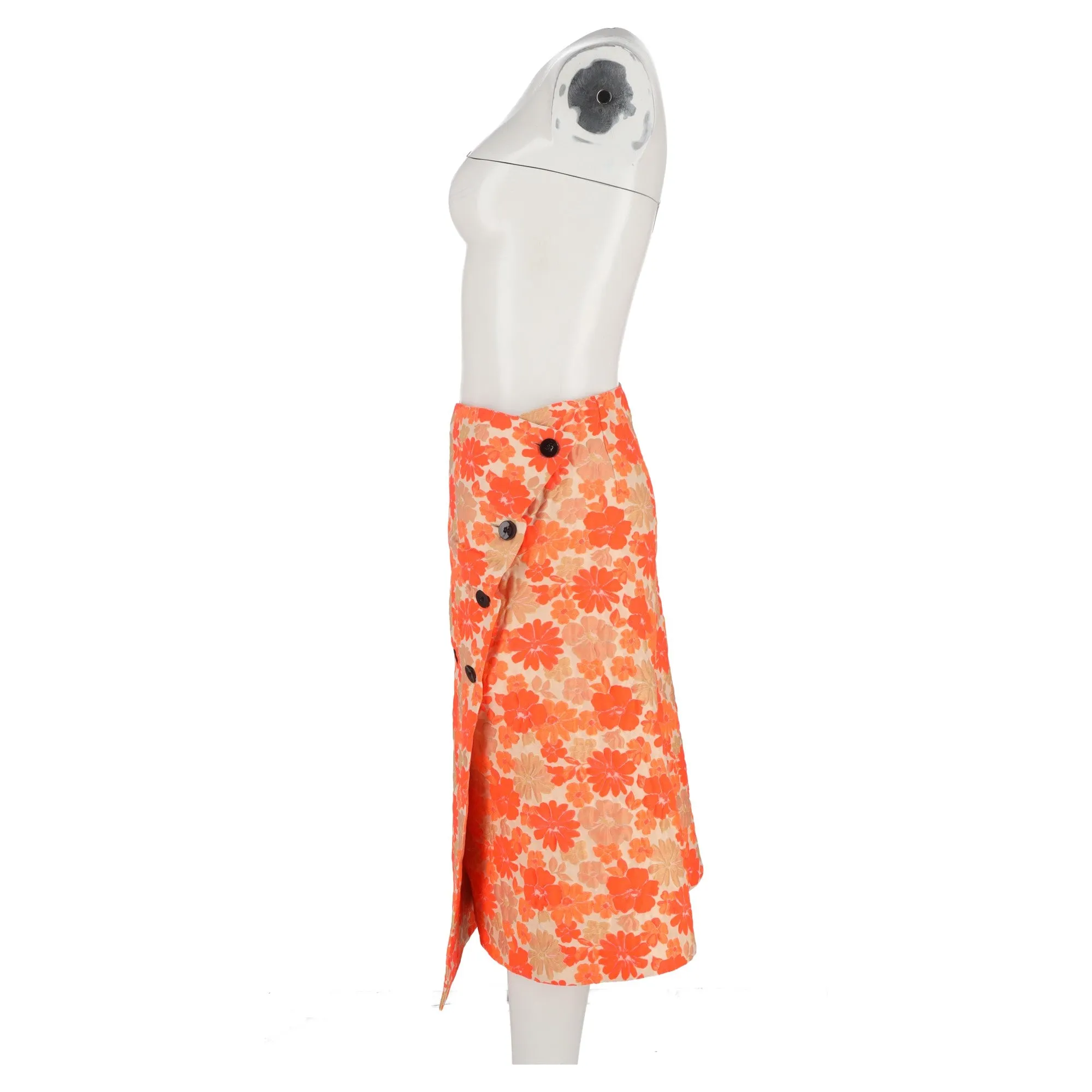 Jil Sander Jupe Midi Enveloppante en Polyester Orange à Motifs Floraux Jacquard