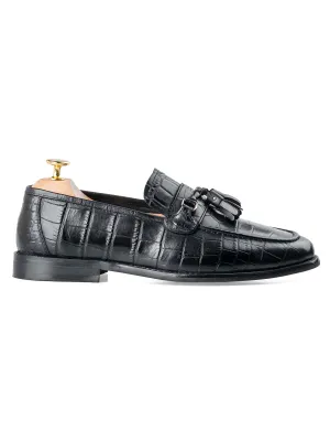 Make a Statement Stay in Motion Dario Tassel Loafer - Black Croco Polished Leather