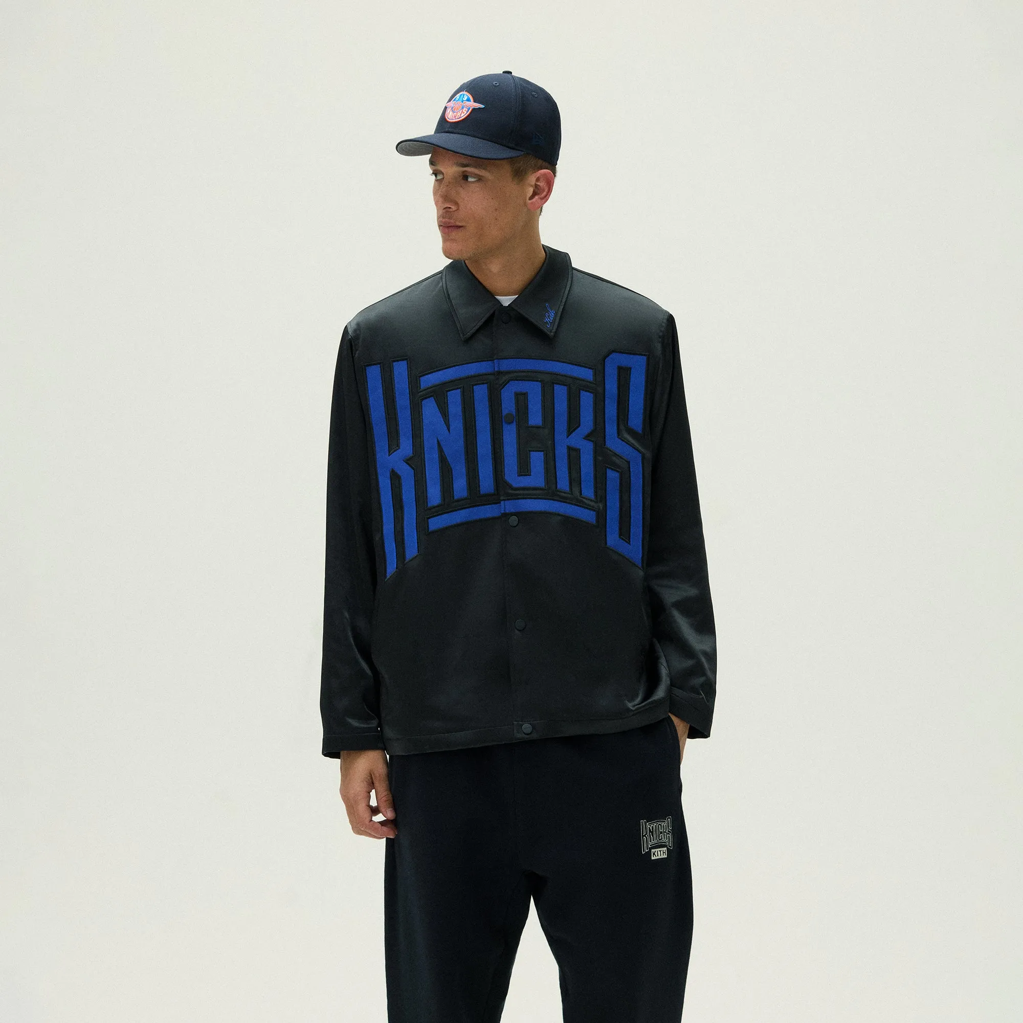 Kith For The New York Knicks Snap Front Coaches Jacket - Black Sandblasted Strap