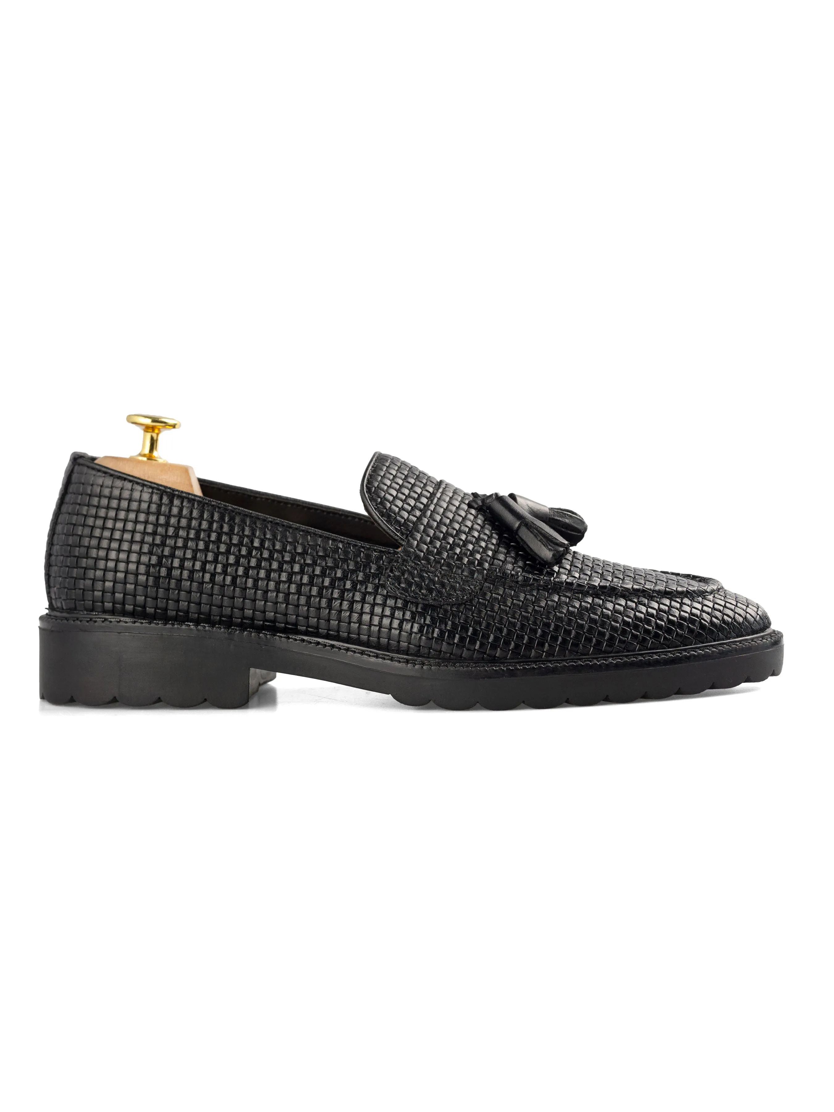 Comfortable Bands Rocky Tassel Loafer - Black Woven Leather (Combat Sole)