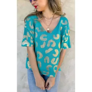Haut en maille léopard turquoise et or