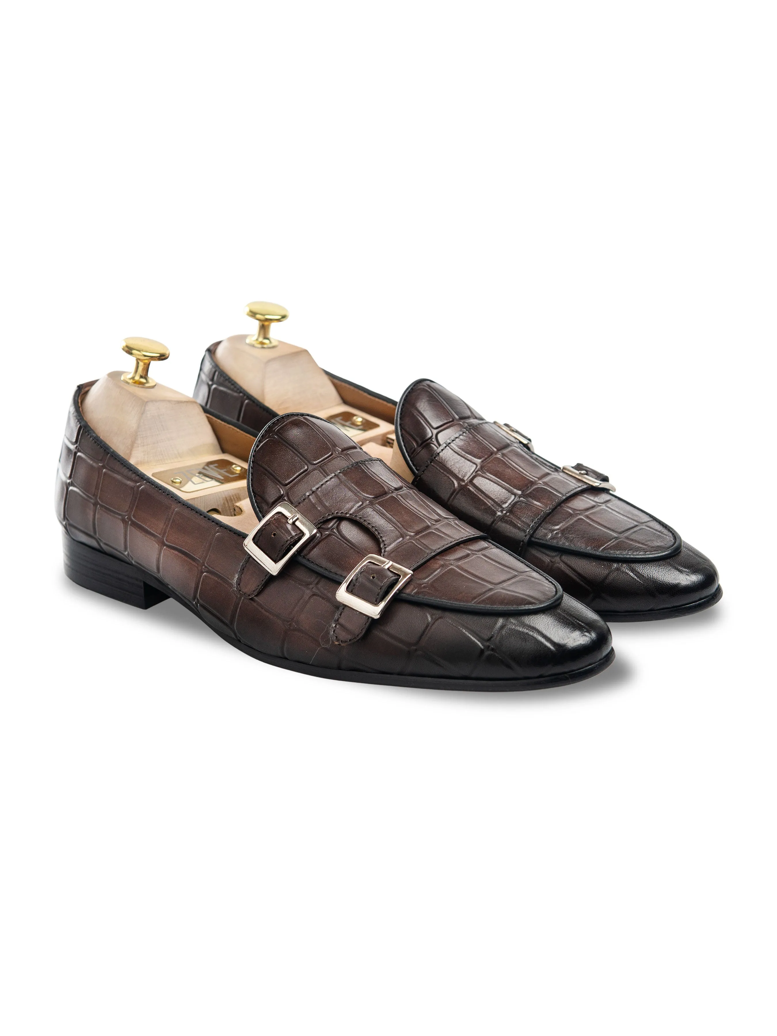 Airflow Comfortable Trousers Belgian Loafer - Dark Brown Croco Double Monk Strap (Hand Painted Patina)