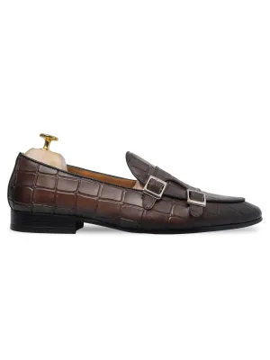Belgian Loafer - Dark Brown Croco Double Monk Strap (Hand Painted Patina) Comfortable Edge Feature