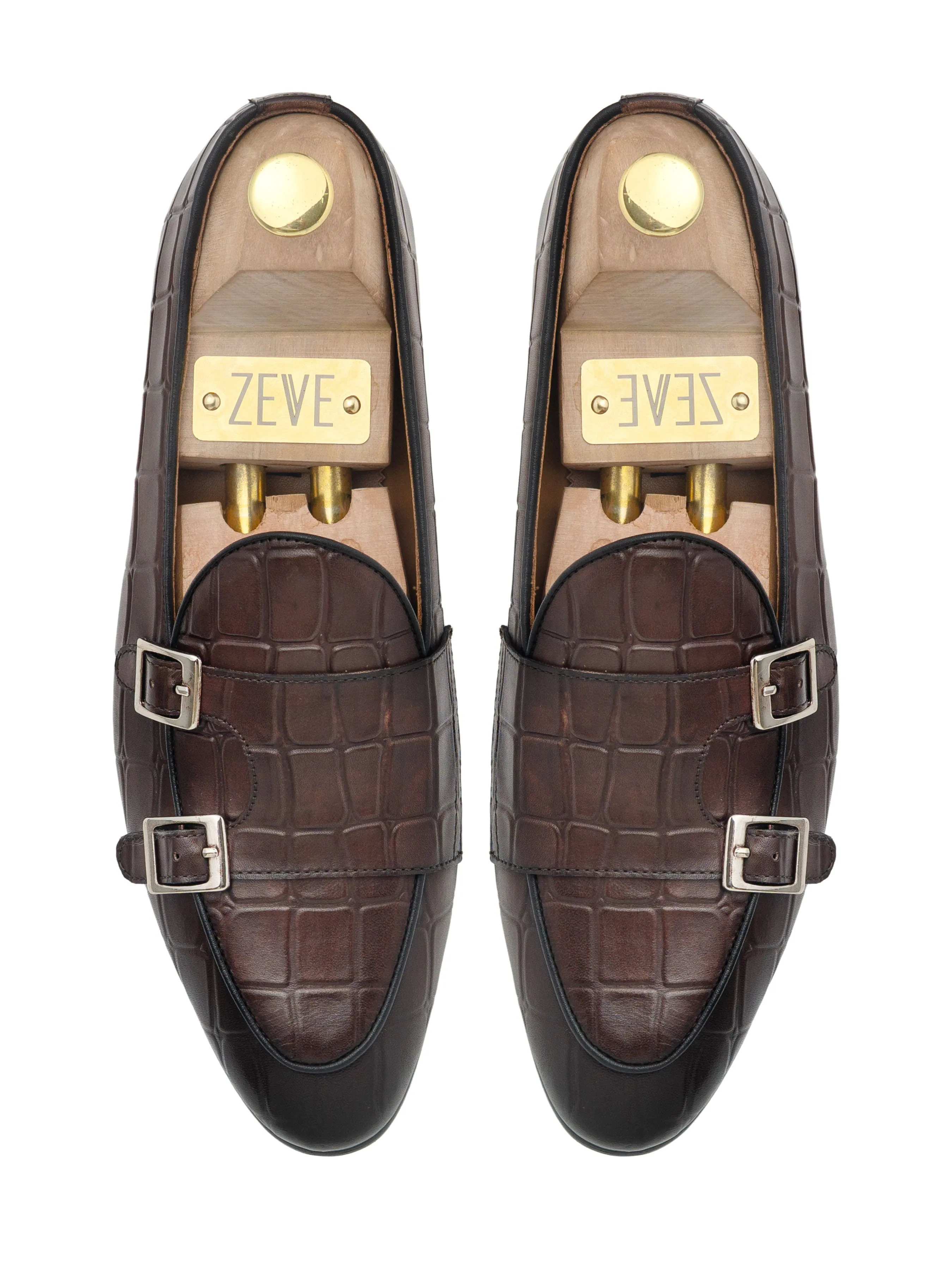Belgian Loafer - Dark Brown Croco Double Monk Strap (Hand Painted Patina) Trail Style Design Optimal Support