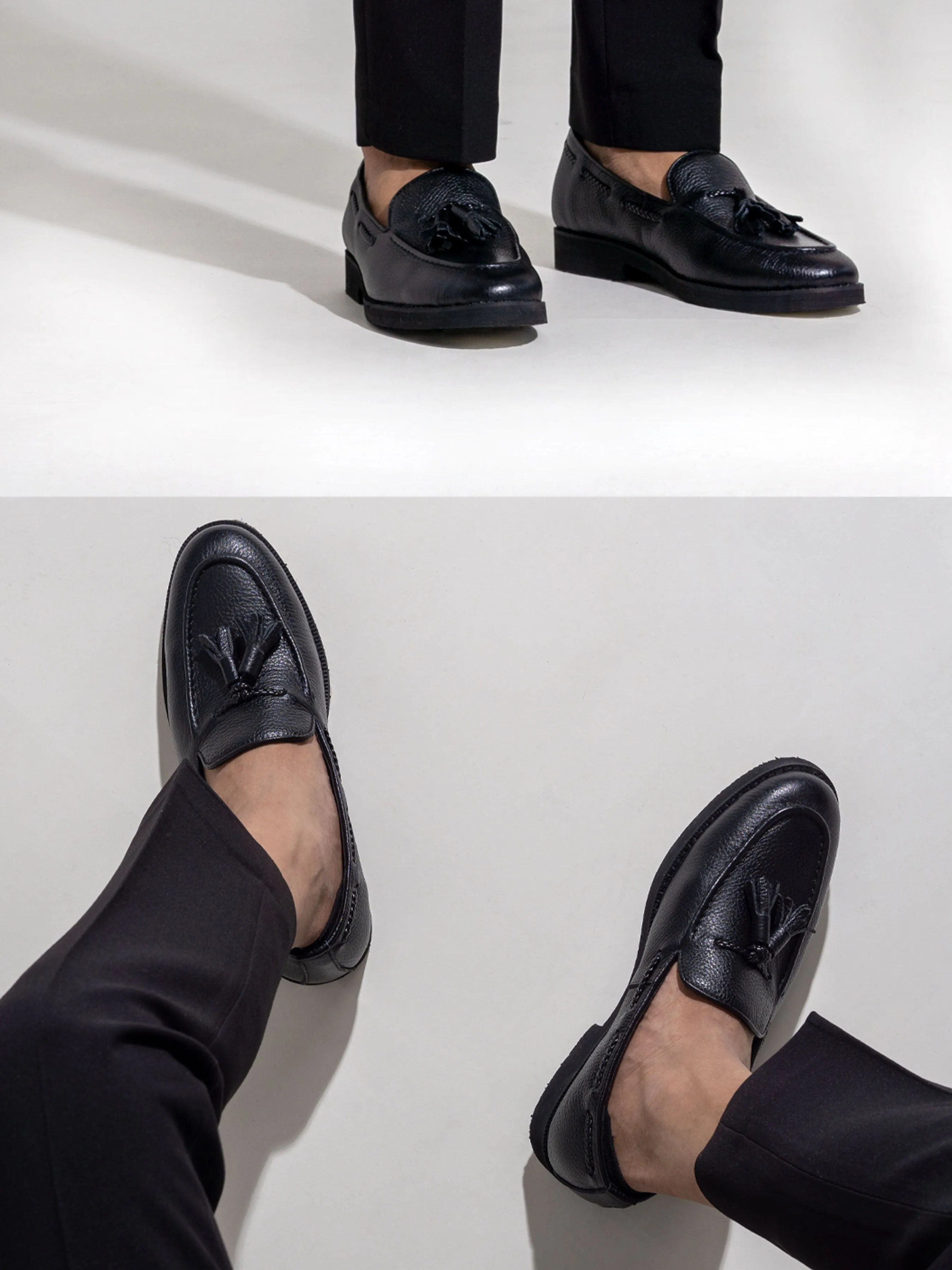 Walk Tall Tassel Loafer - Black Pebble Grain Leather (Crepe Sole)
