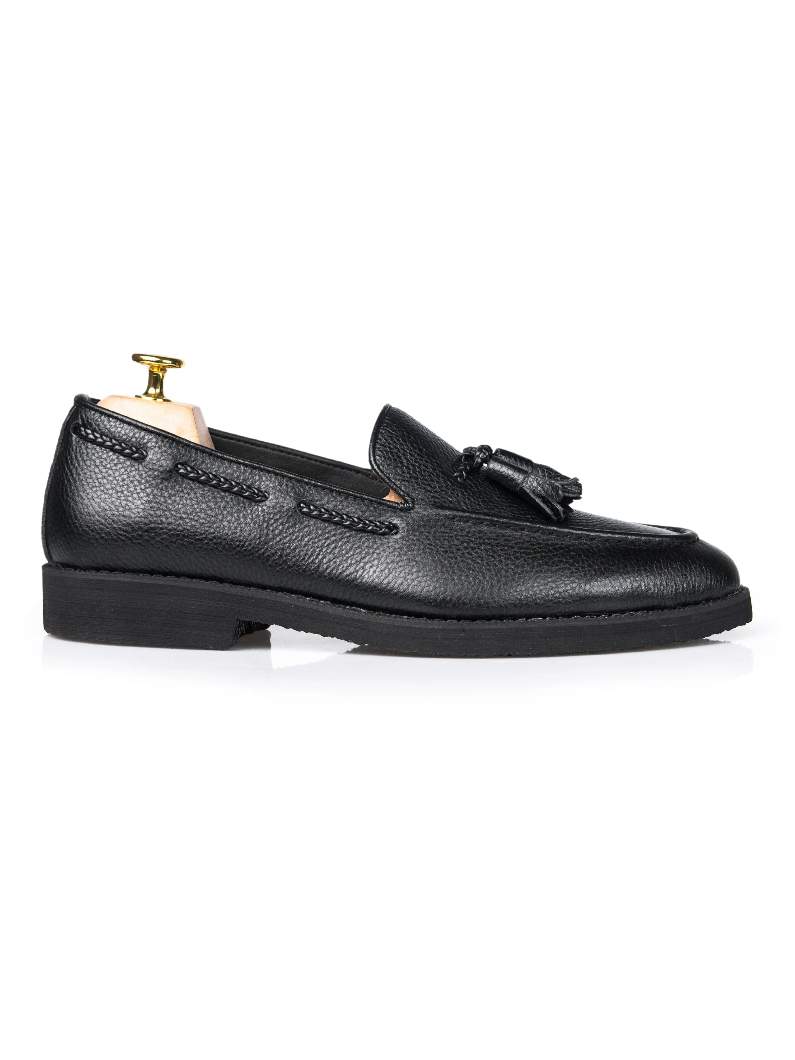 Sweetest Day Sale Tassel Loafer - Black Pebble Grain Leather (Crepe Sole)