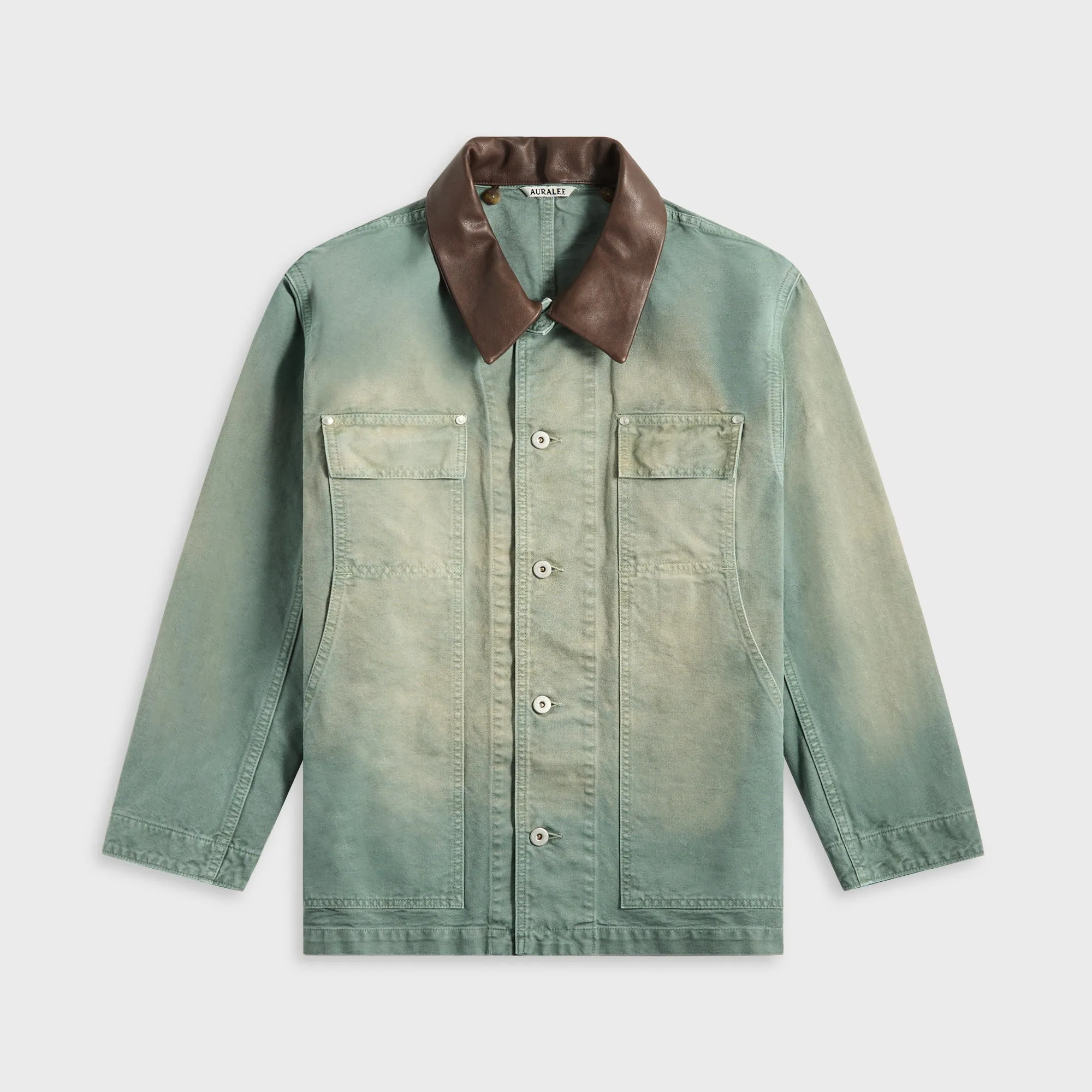 Hood With Synthetic Leather Flared Cut Auralee Organic Cotton Duck Blouson - Ash Green