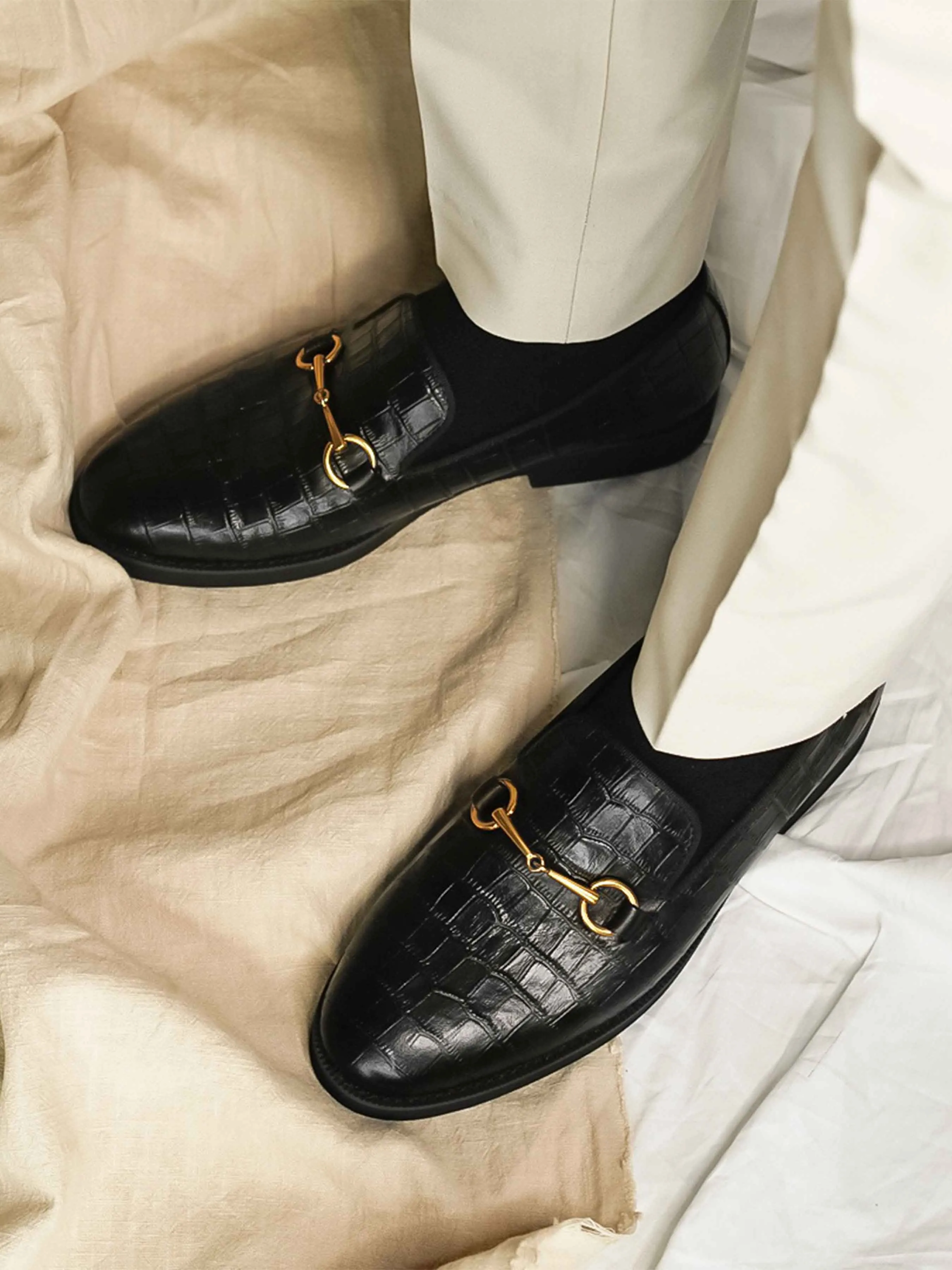 Loafer Slipper Horsebit Buckle - Black Croco Leather (Crepe Sole) Own Every Step