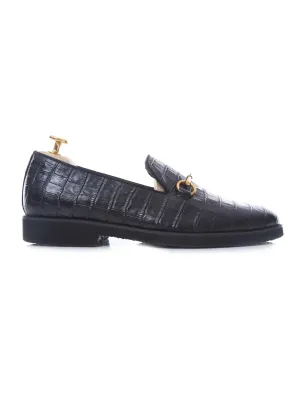 Loafer Slipper Horsebit Buckle - Black Croco Leather (Crepe Sole) Keep Going Strong Valentine's Day Sale
