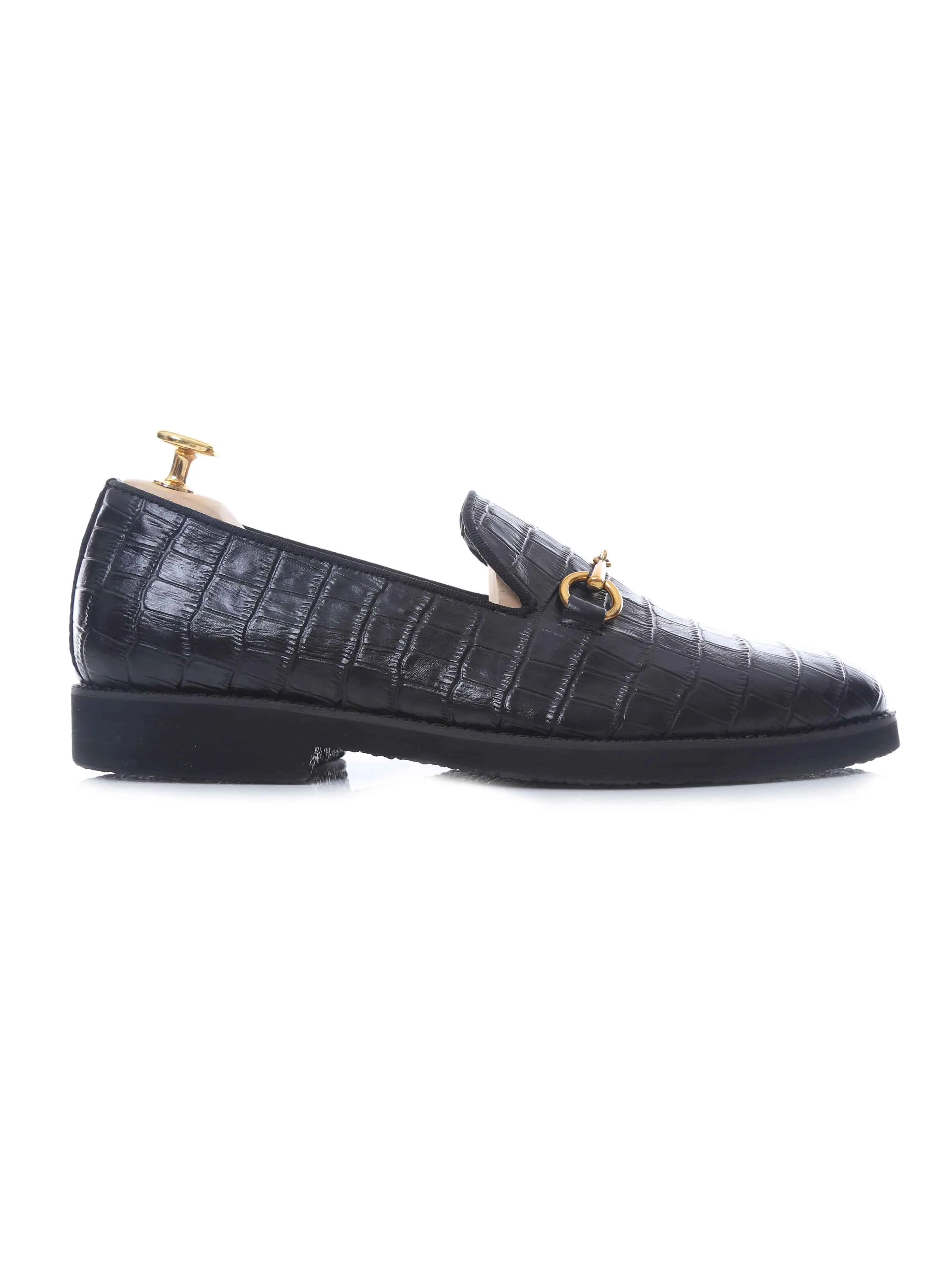 Loafer Slipper Horsebit Buckle - Black Croco Leather (Crepe Sole) Keep Going Strong Valentine's Day Sale