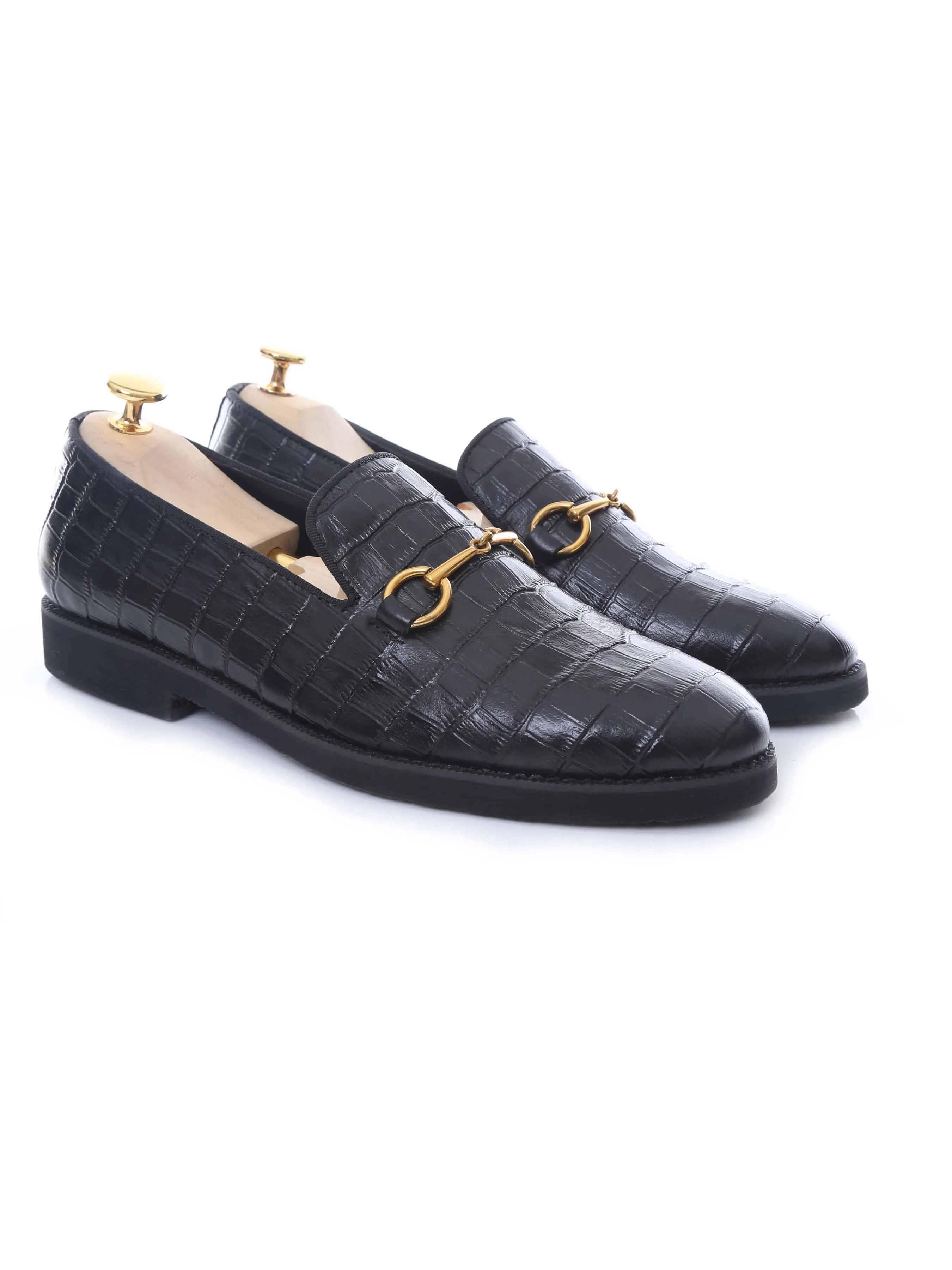 Clean Appeal Running Shoe Loafer Slipper Horsebit Buckle - Black Croco Leather (Crepe Sole)