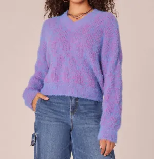 Pull à col en V double avec manches longues et effet cils bicolore en violet