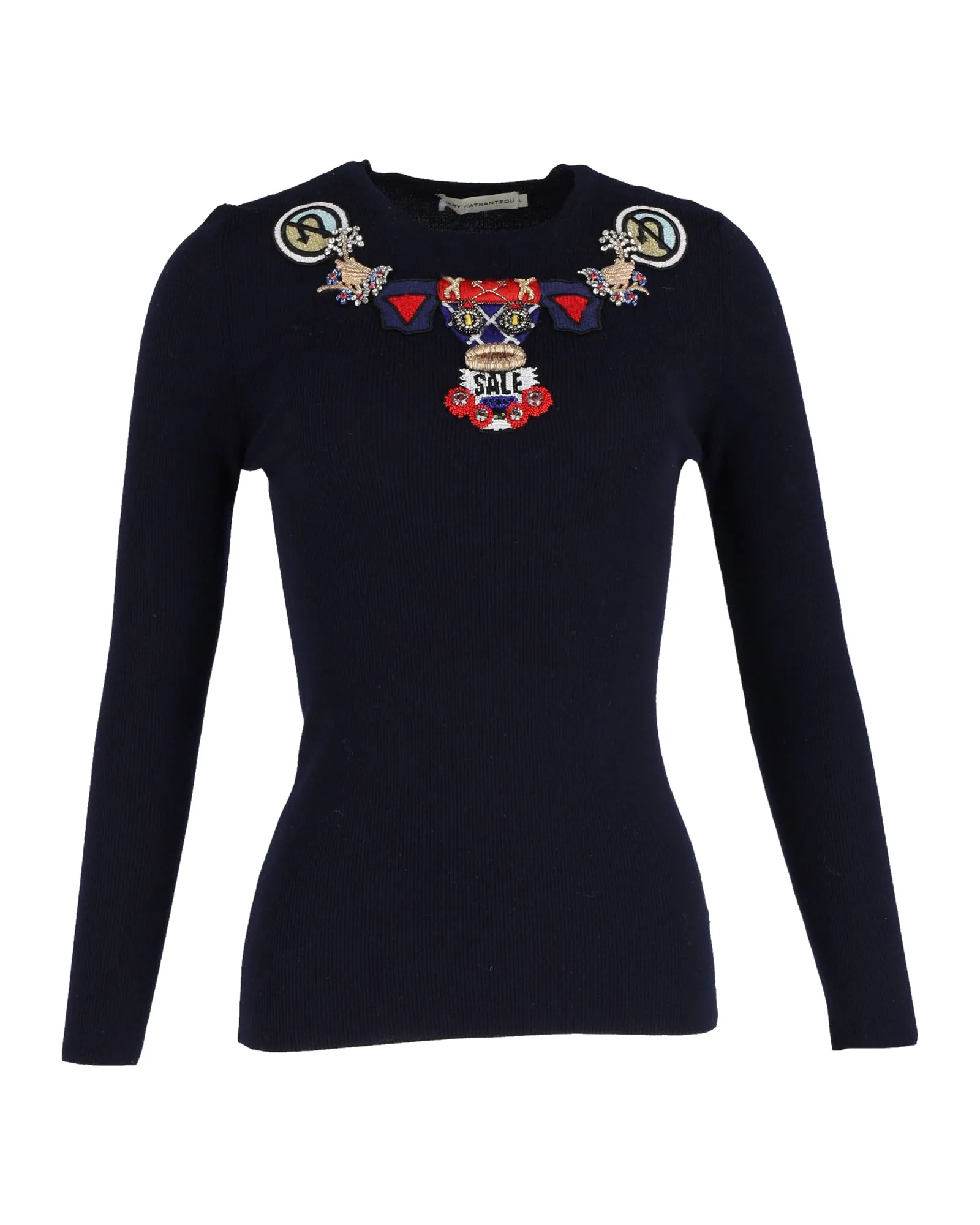 Haut à manches longues brodé Mary Katrantzou en laine bleu marine
