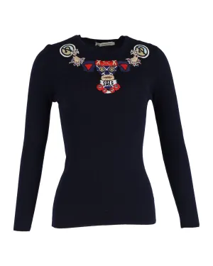 Haut à manches longues brodé Mary Katrantzou en laine bleu marine