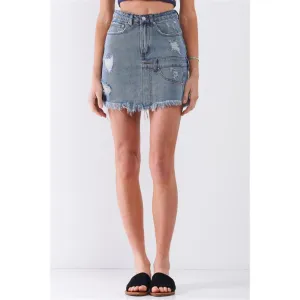 Mini-jupe en denim bleu moyen à taille haute, effet délavé, ourlet asymétrique et ourlet brut