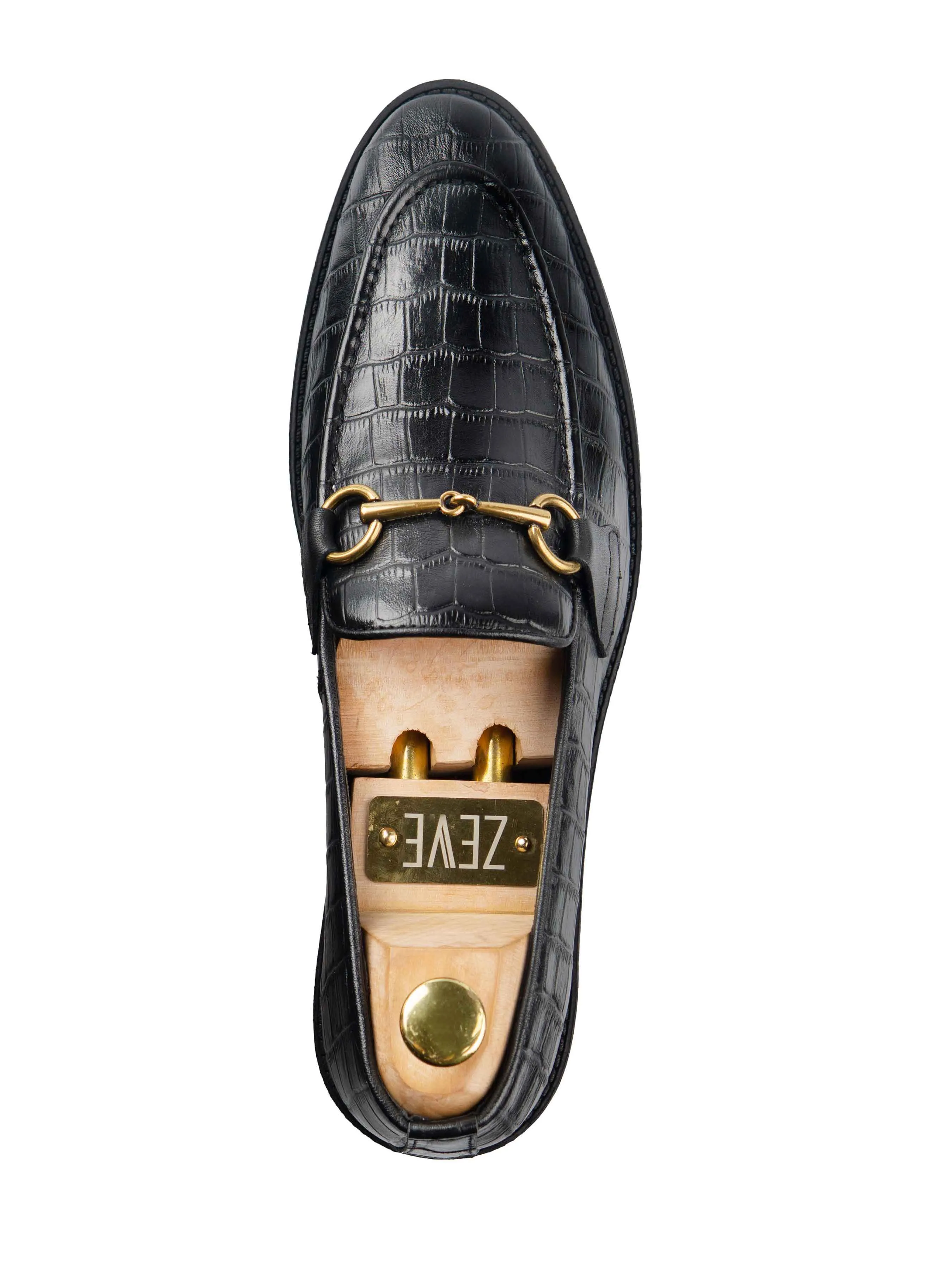Horsebit Buckle Loafer - Black Croco Leather (Flexi-Sole) Flat Sole Fabric Serenity