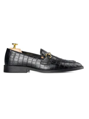 Horsebit Buckle Loafer - Black Croco Leather (Flexi-Sole) Ventilated Mesh