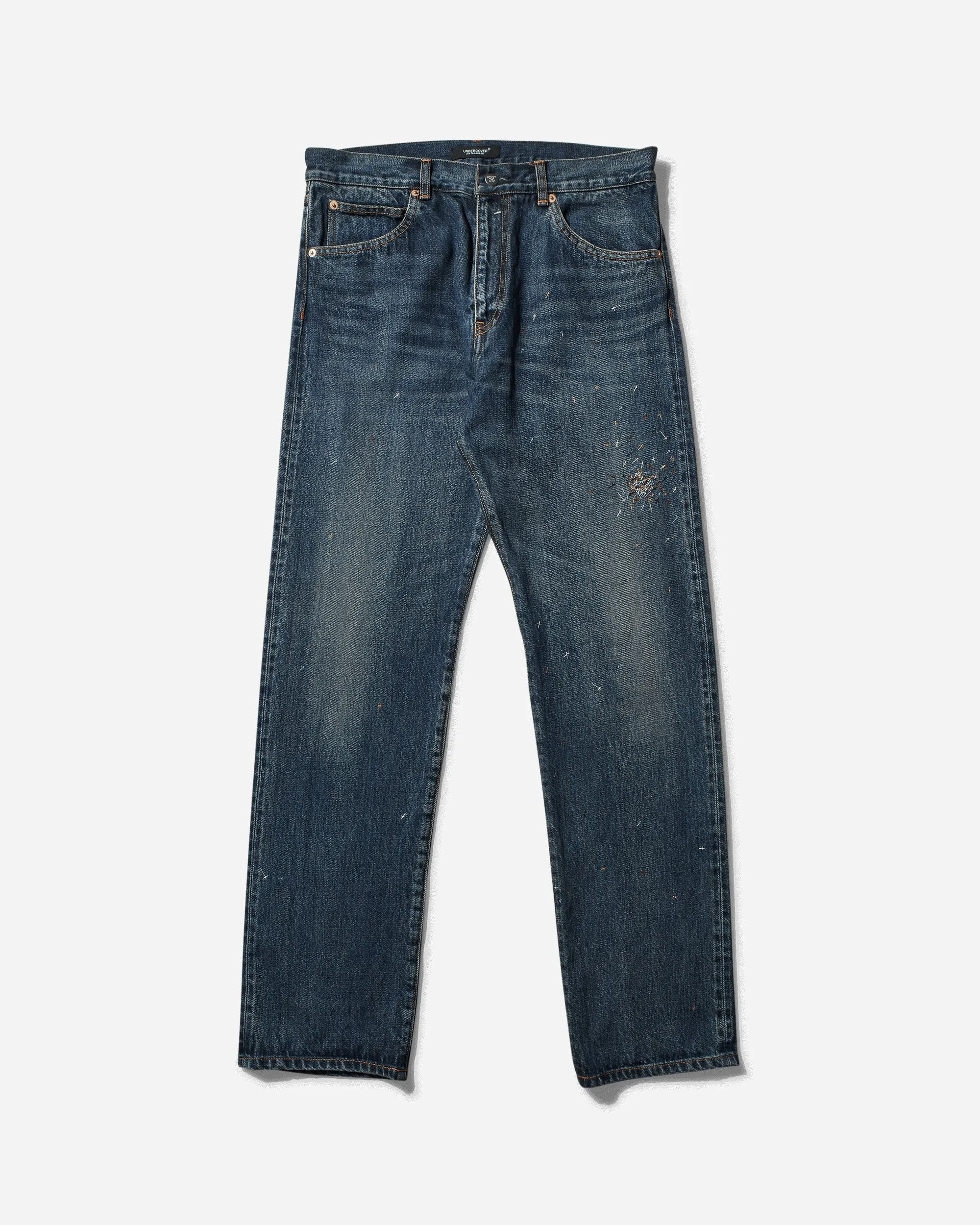Aesthetically Pleasing Insulation Feature Men'S Cross Embroidery Distressed Denim Pants Light Blue Indigo