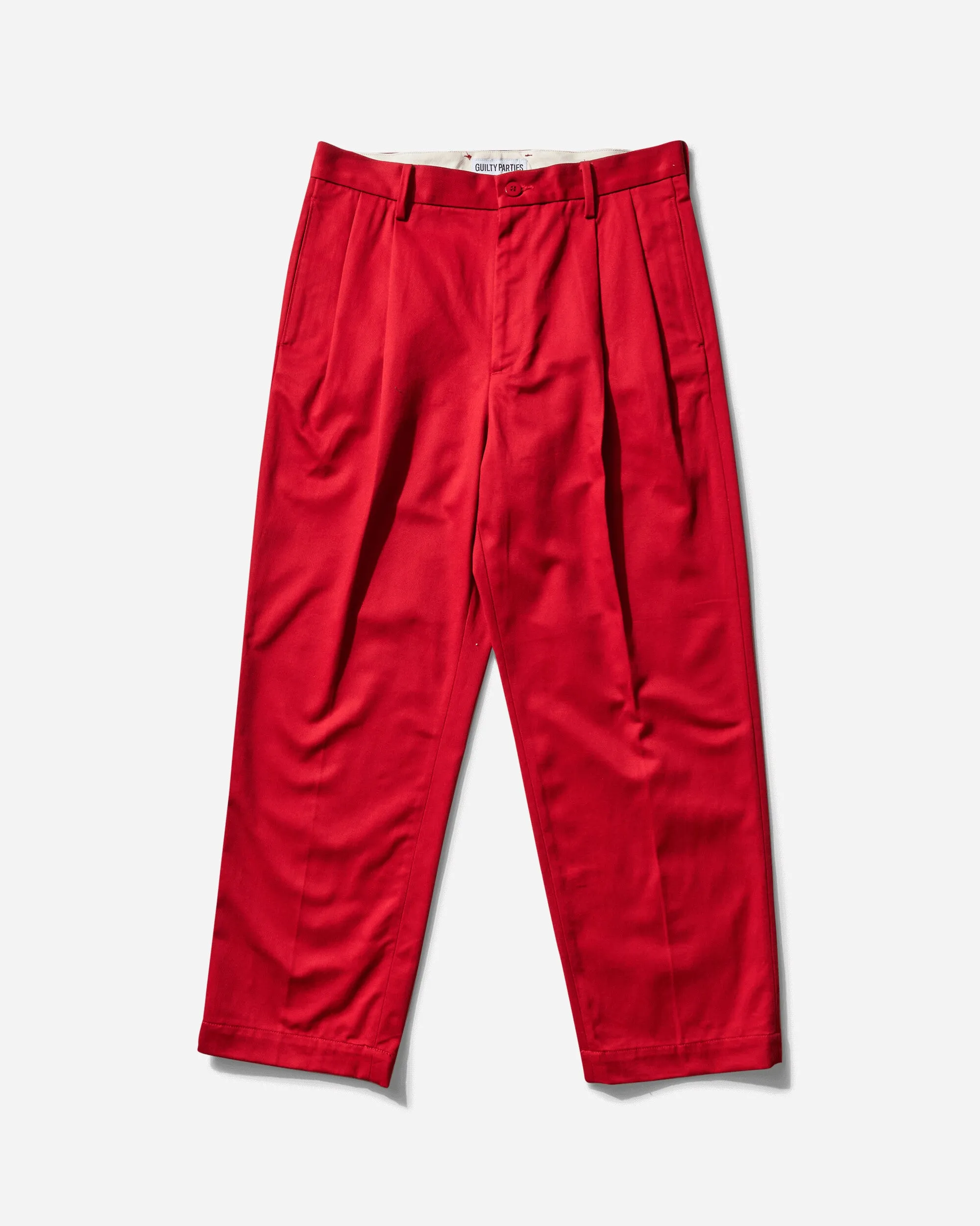 Men'S Double Pleated Chino Trousers Red Hook-And-Eye Detail Back Zipper