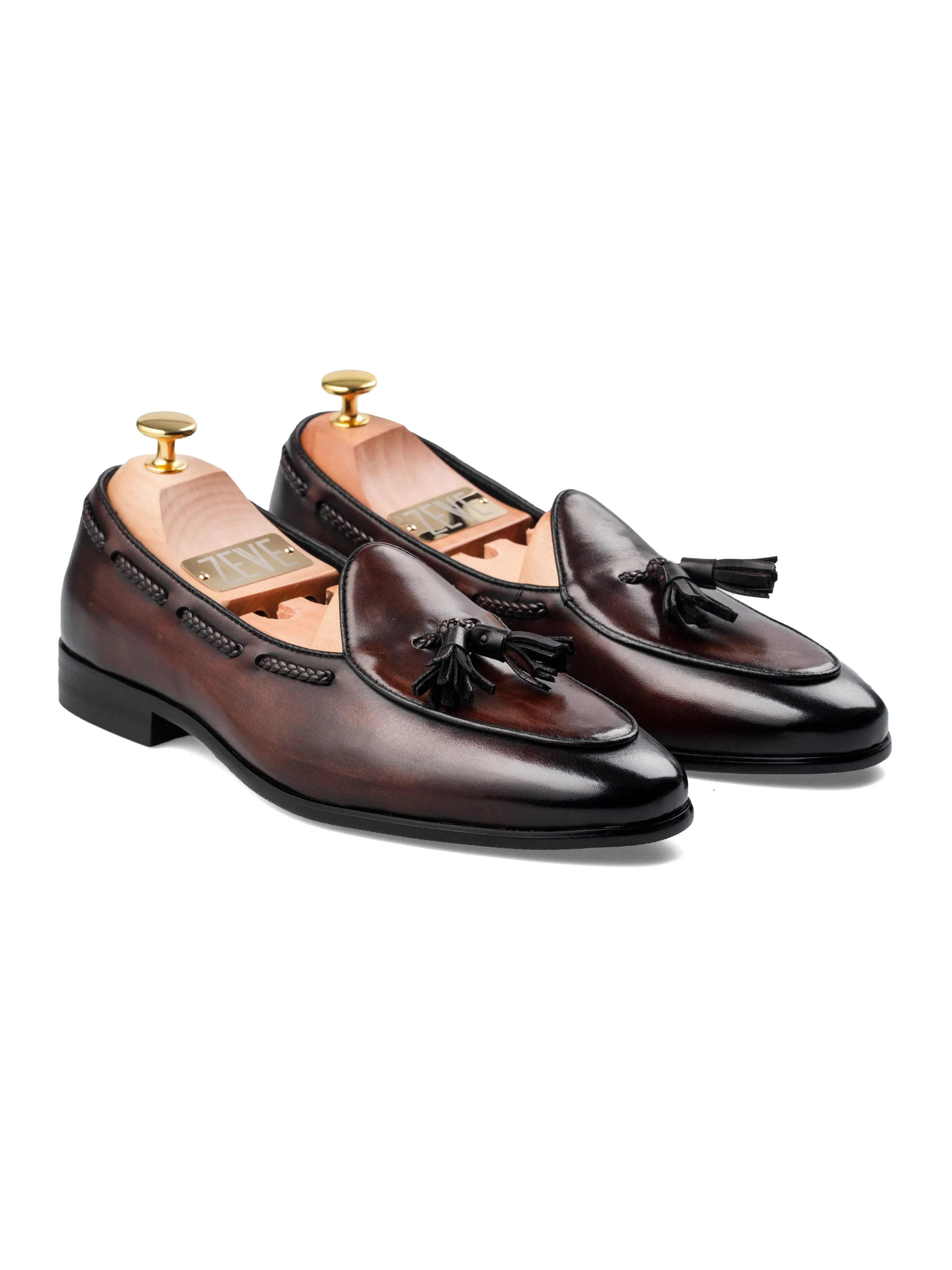 Make a Statement Independence Day Sale Noel Belgian Loafer Tassel - Dark Brown (Hand Painted Patina)