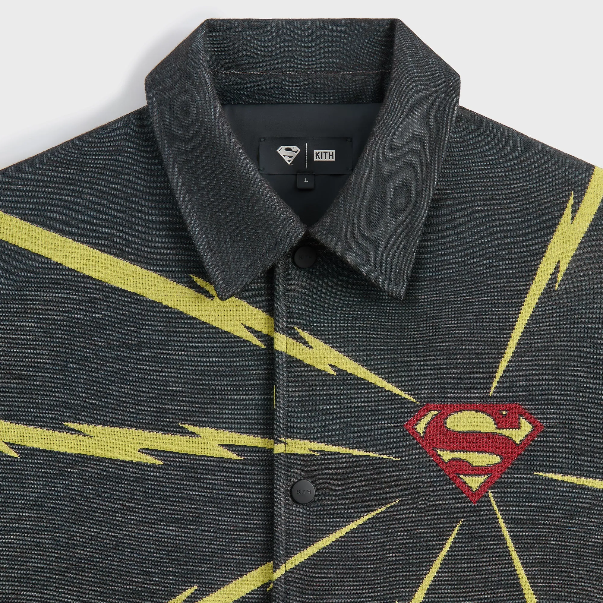Superman | Kith Lightning Tapestry Jacket - Black Topstitching Ribbed Hem Style
