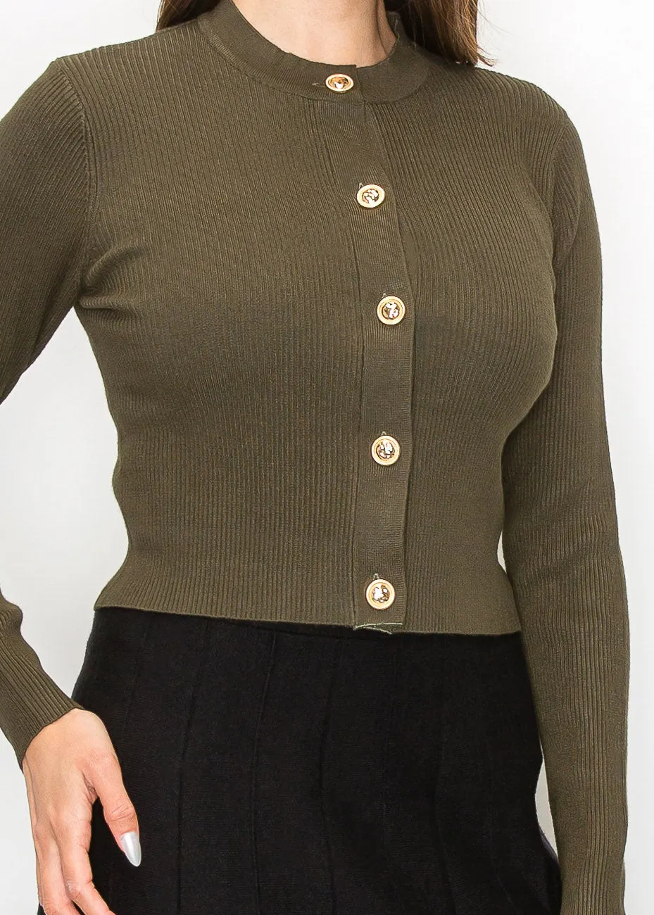 Cardigan en maille côtelée vert olive