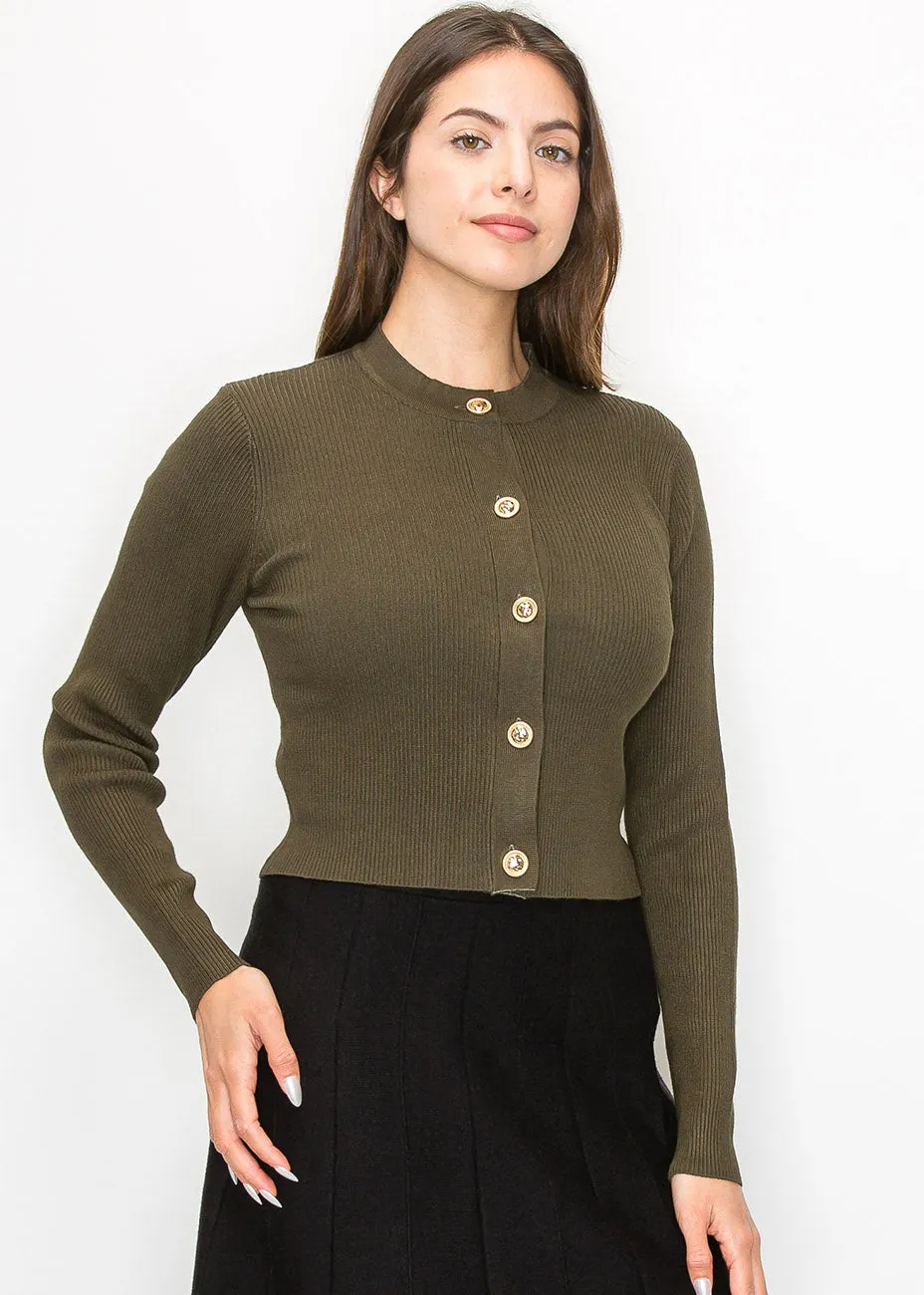 Cardigan en maille côtelée vert olive