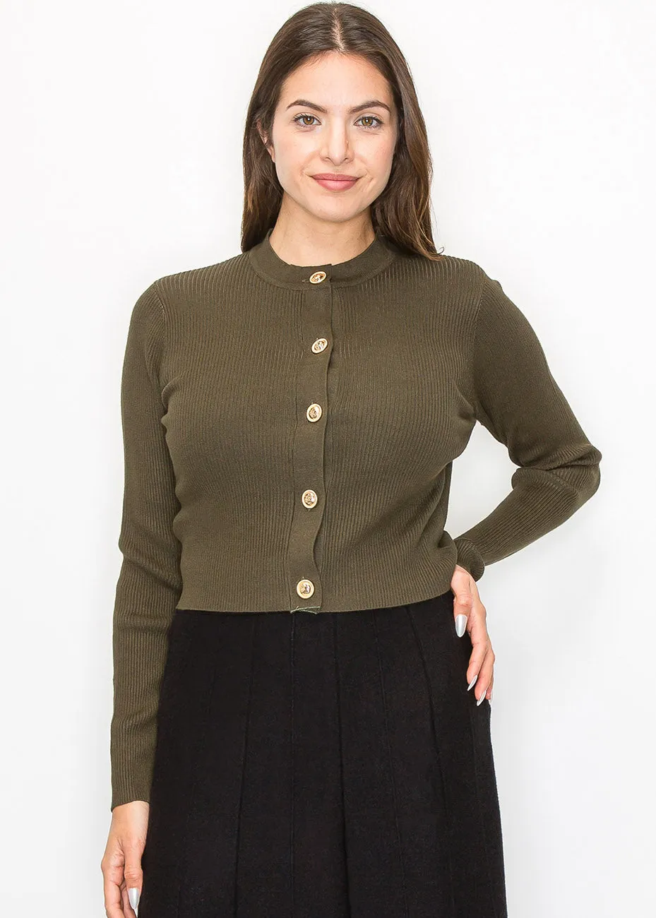 Cardigan en maille côtelée vert olive