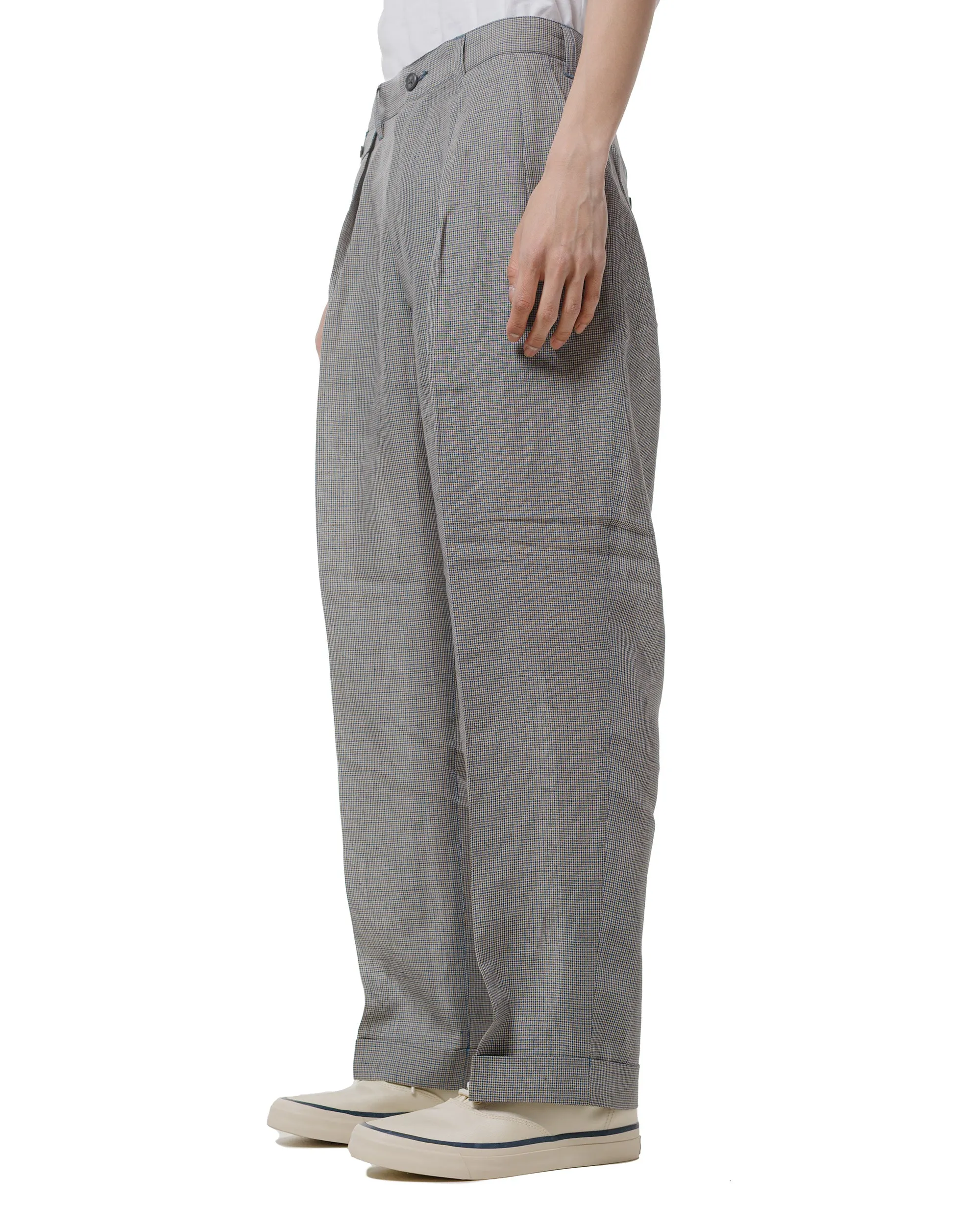 Beams Plus 2Pleats Trousers Linen Cupra Gun Club Check Grey Hemming Trim