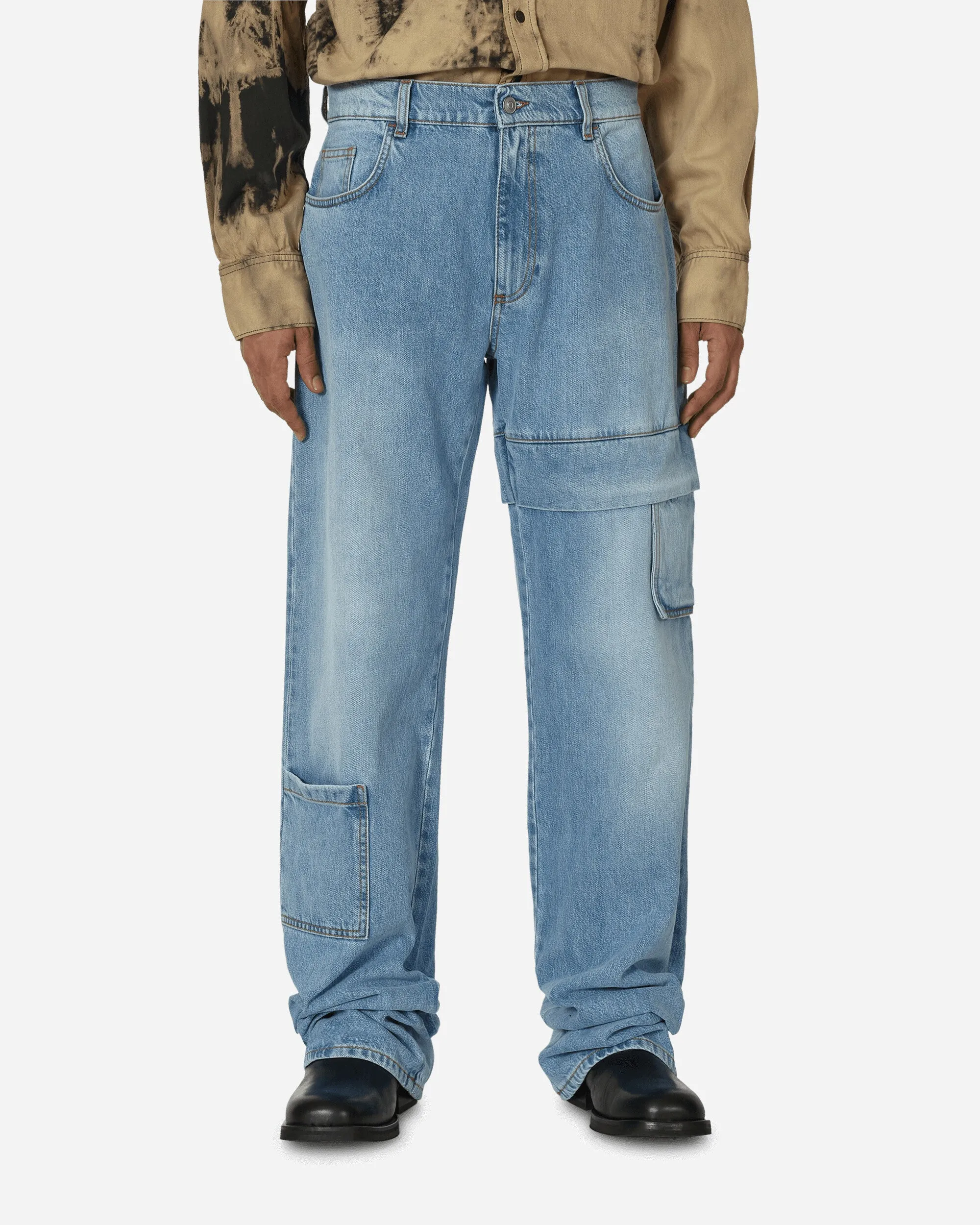 Secondly Loose Yarn Oversized Denim Cargo Pants Light Blue