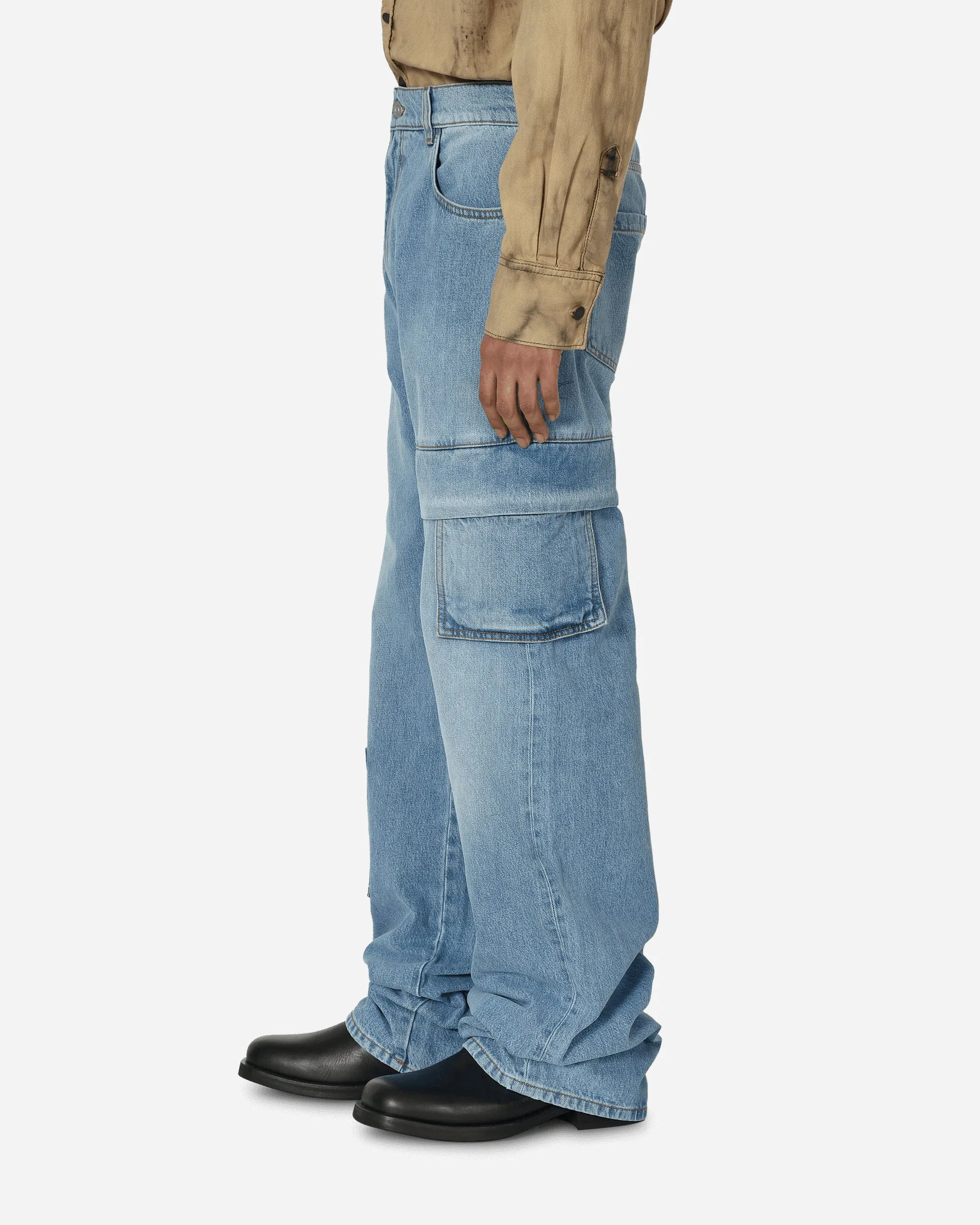 Oversized Denim Cargo Pants Light Blue Wear-Resistant Buttons Drawstring Waistband