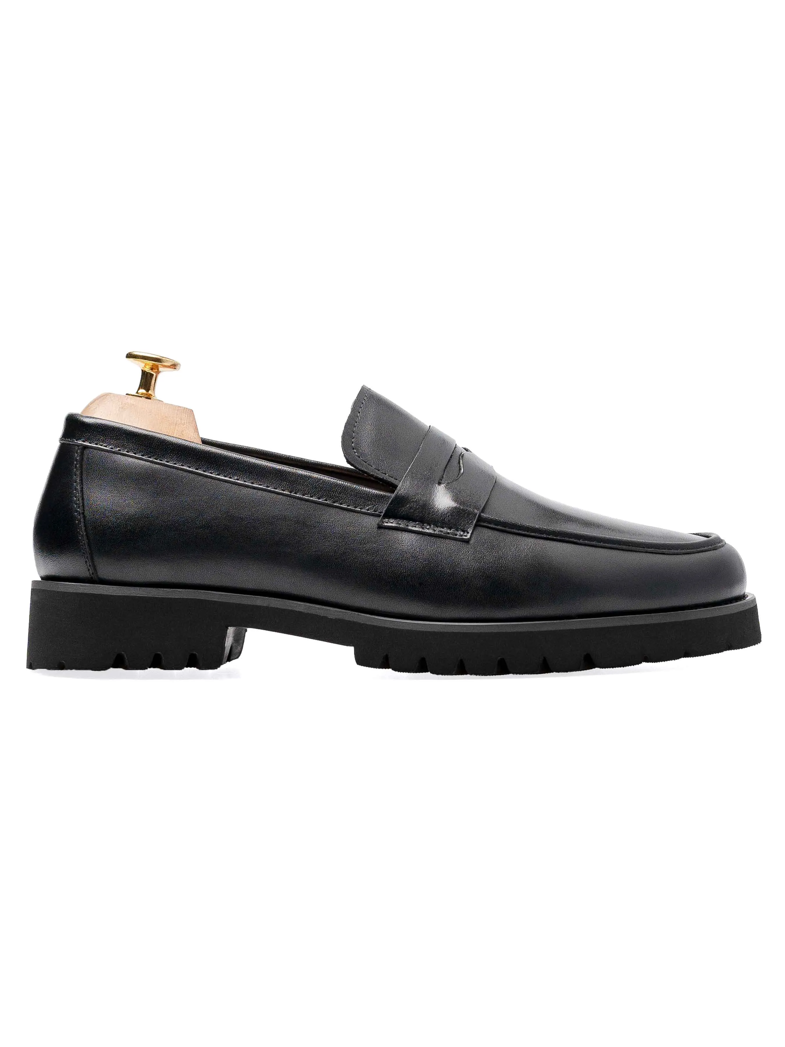 Comfortable Lace Mechanism Comfort Fit System Penny Loafer - Black Leather (Eva Combat)