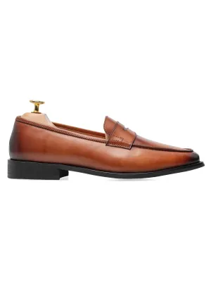 Comfort Hump Impressionist Art Penny Loafer - Cognac Tan (Hand Painted Patina)