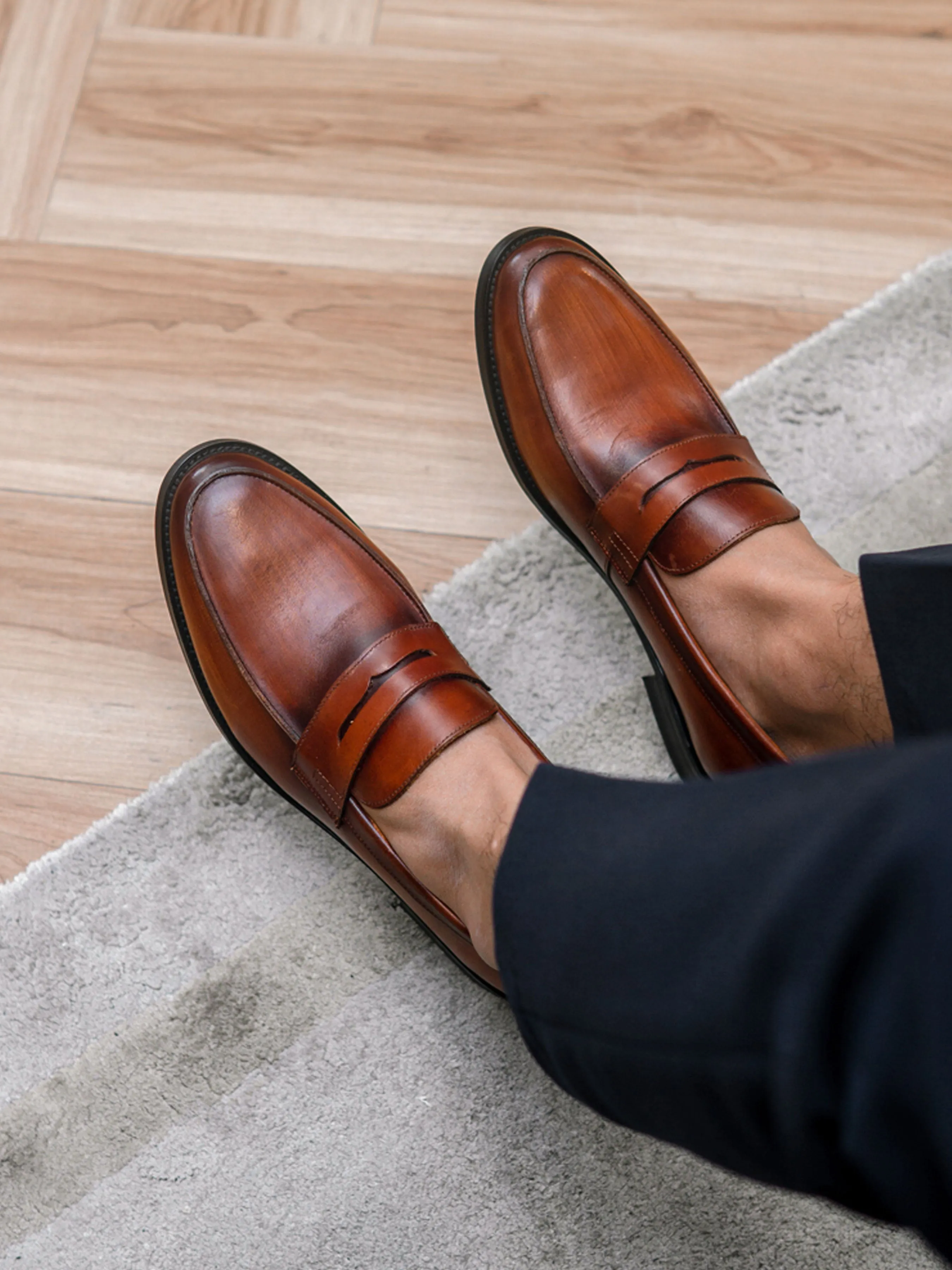 President's Day Sale Back To School Sale Penny Loafer - Cognac Tan (Hand Painted Patina)