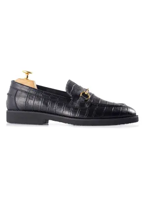 Fuel Your Fire Thanksgiving Day Sale Penny Loafer Horsebit Buckle - Black Croco Leather (Crepe Sole)