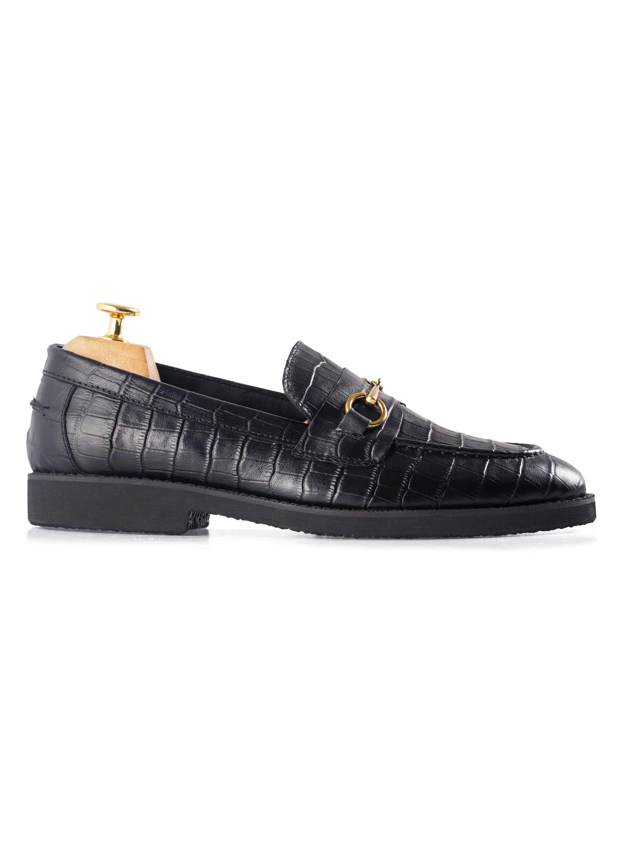 Fuel Your Fire Thanksgiving Day Sale Penny Loafer Horsebit Buckle - Black Croco Leather (Crepe Sole)
