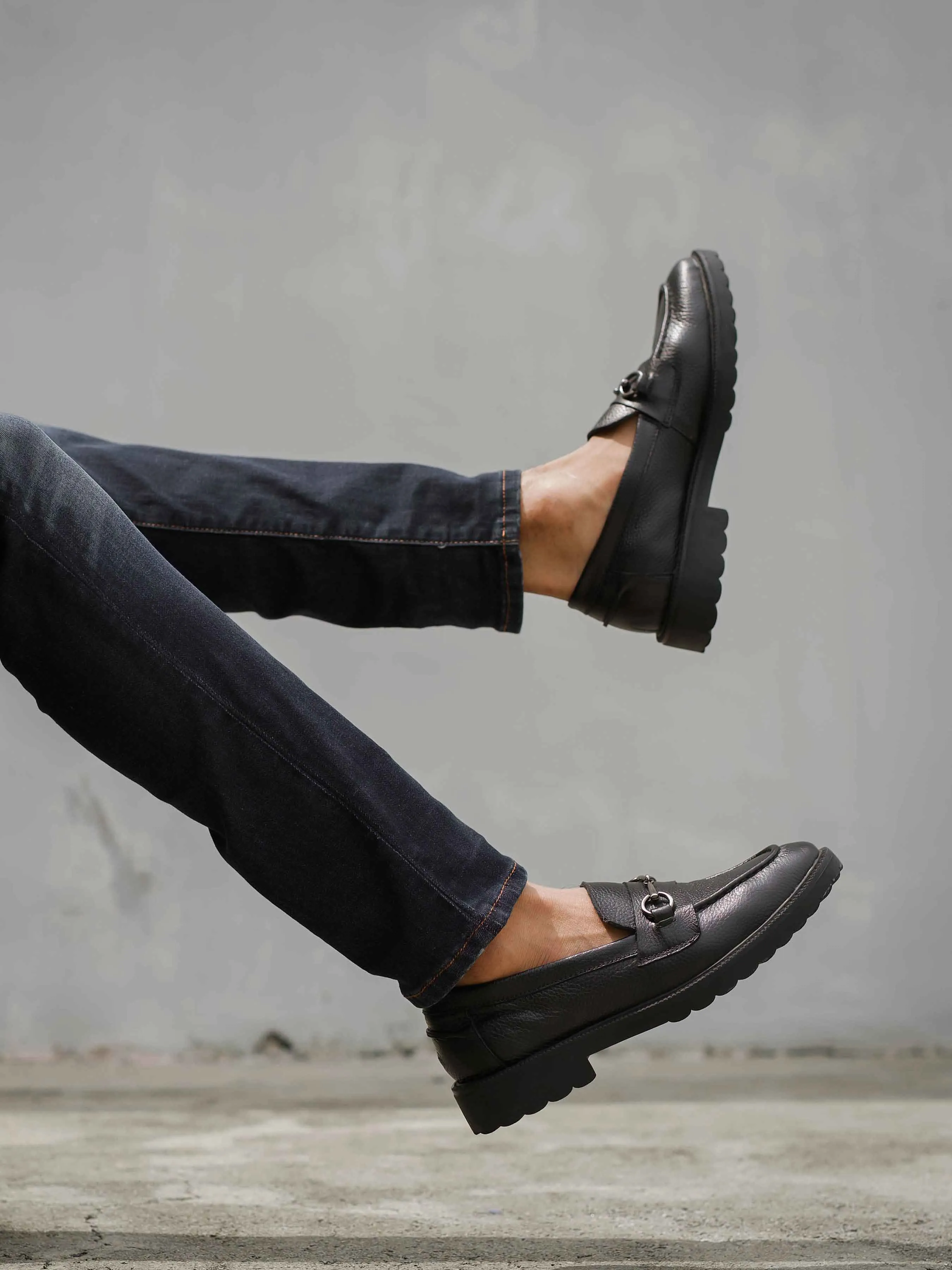 Steal Penny Loafer Horsebit Buckle - Black Pebble Grain Leather (Combat Sole)