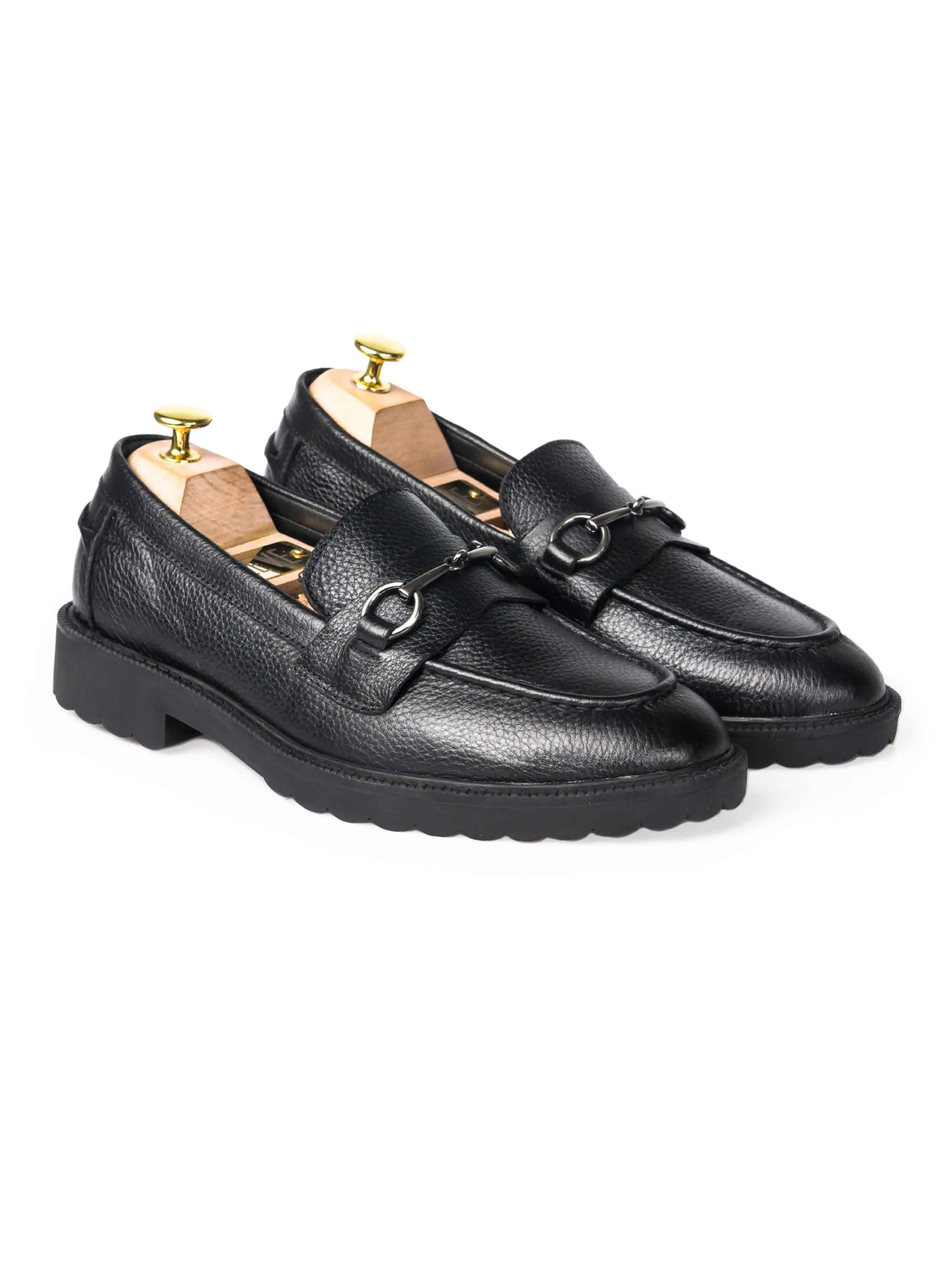 Penny Loafer Horsebit Buckle - Black Pebble Grain Leather (Combat Sole) Cyber Monday Sale