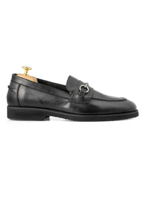 "Indoor Use Design Penny Loafer Horsebit Silver Buckle - Black Leather (Crepe Sole)