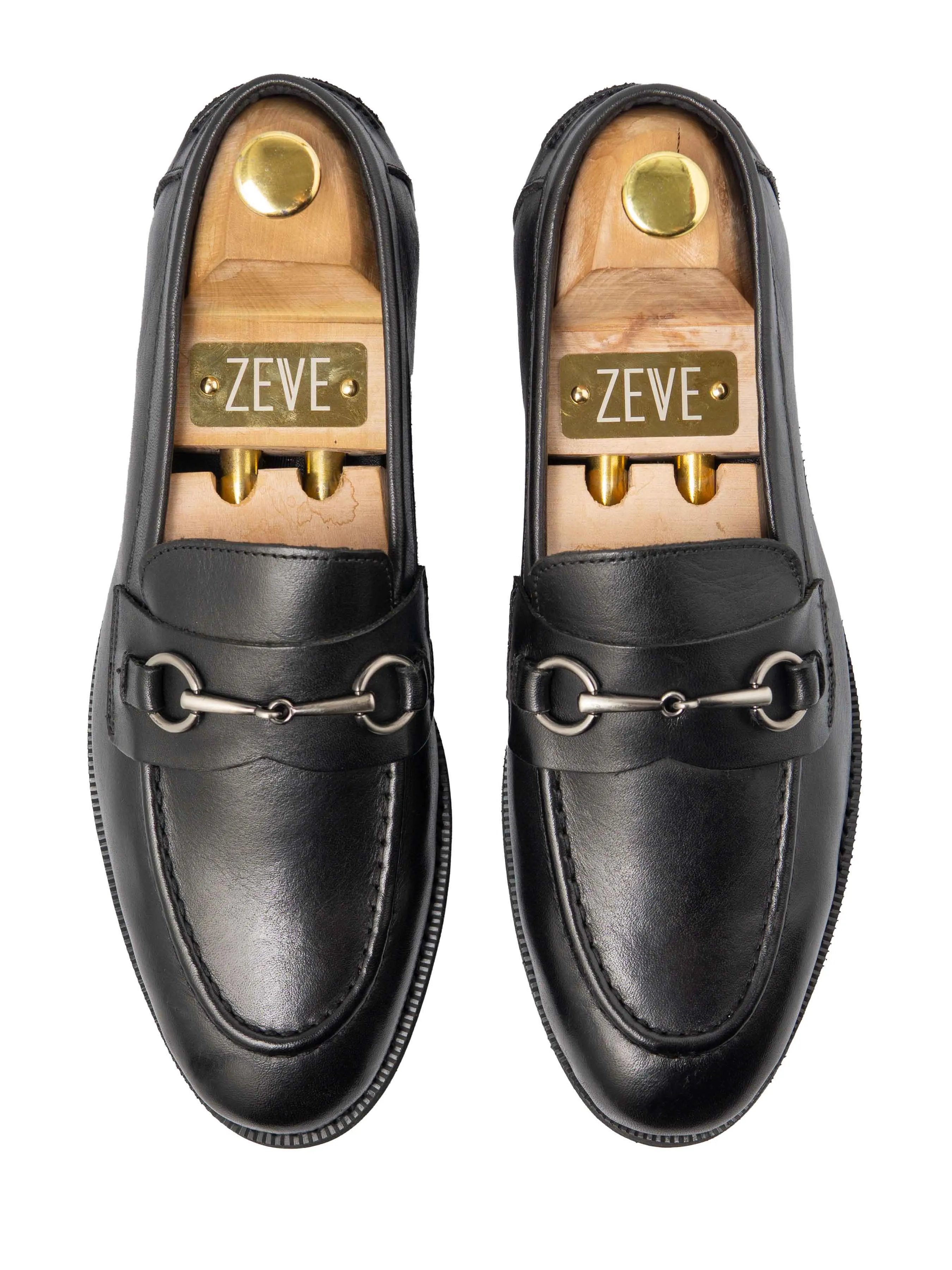 Penny Loafer Horsebit Silver Buckle - Black Leather (Crepe Sole) Comfortable Cushion System Comfortable Mule
