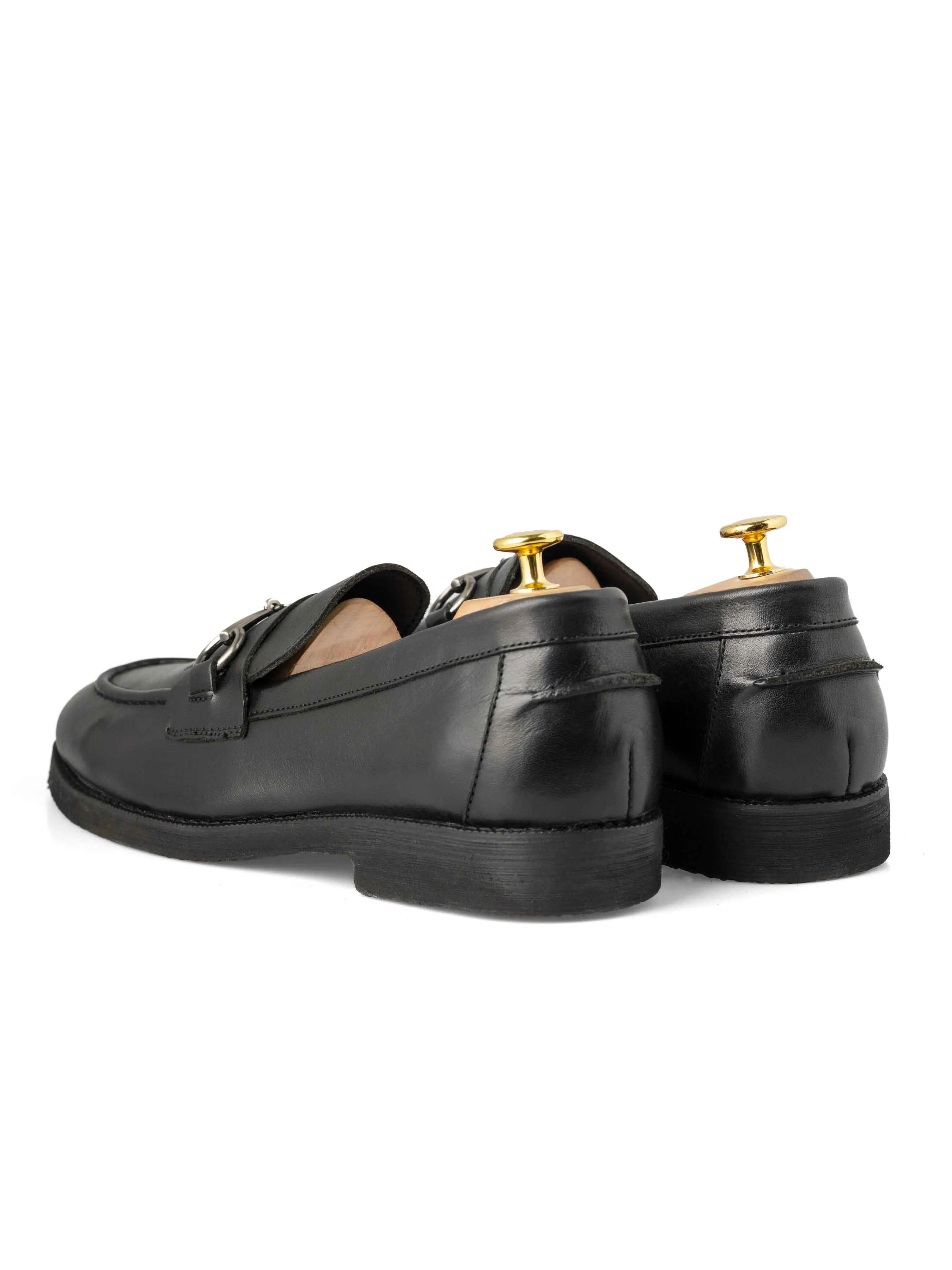 Penny Loafer Horsebit Silver Buckle - Black Leather (Crepe Sole) Non-Slip Rubber Outsole WindowDisplay